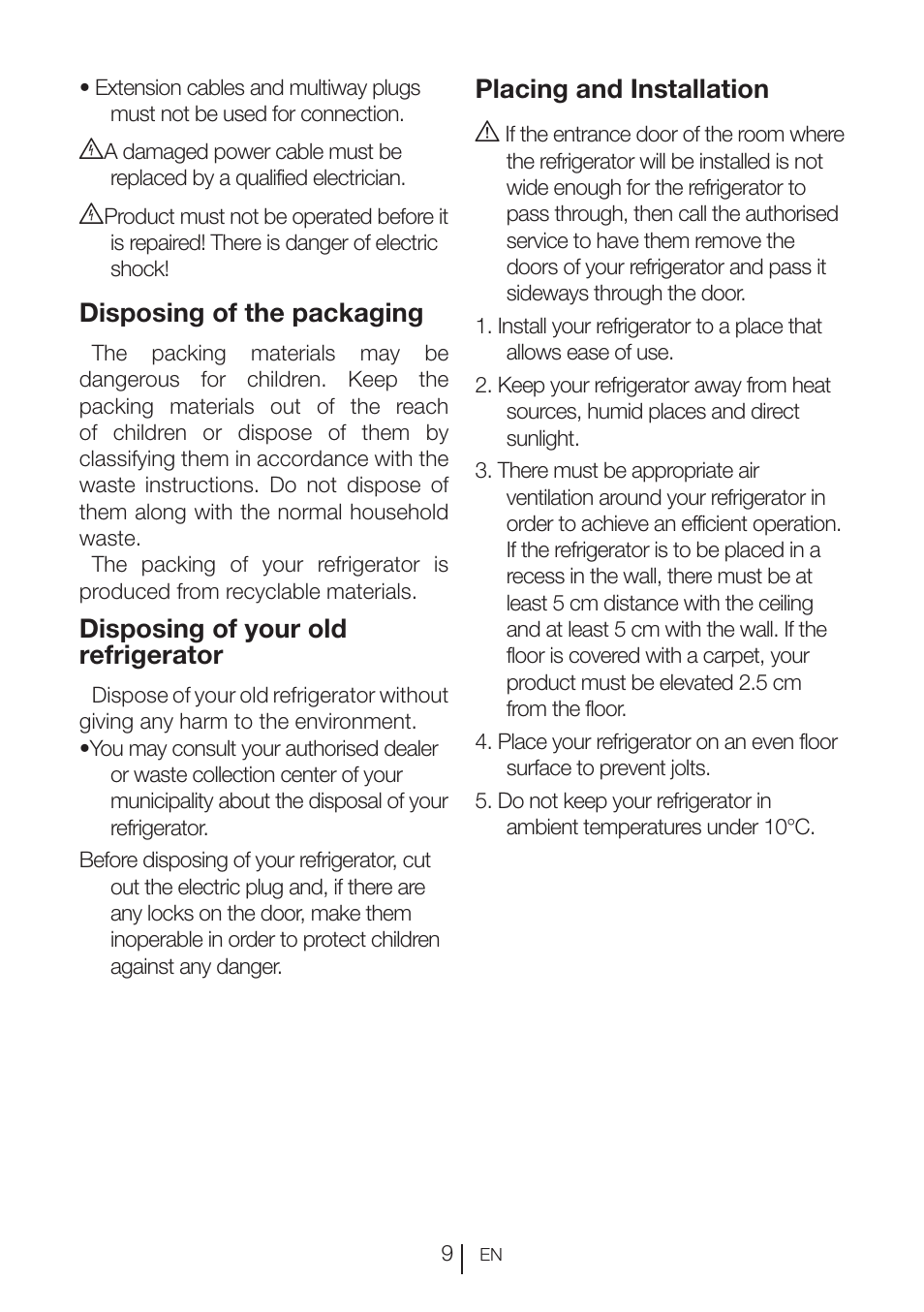 Disposing of the packaging, Disposing of your old refrigerator, Placing and installation a | Beko RBI 2302 F User Manual | Page 10 / 85