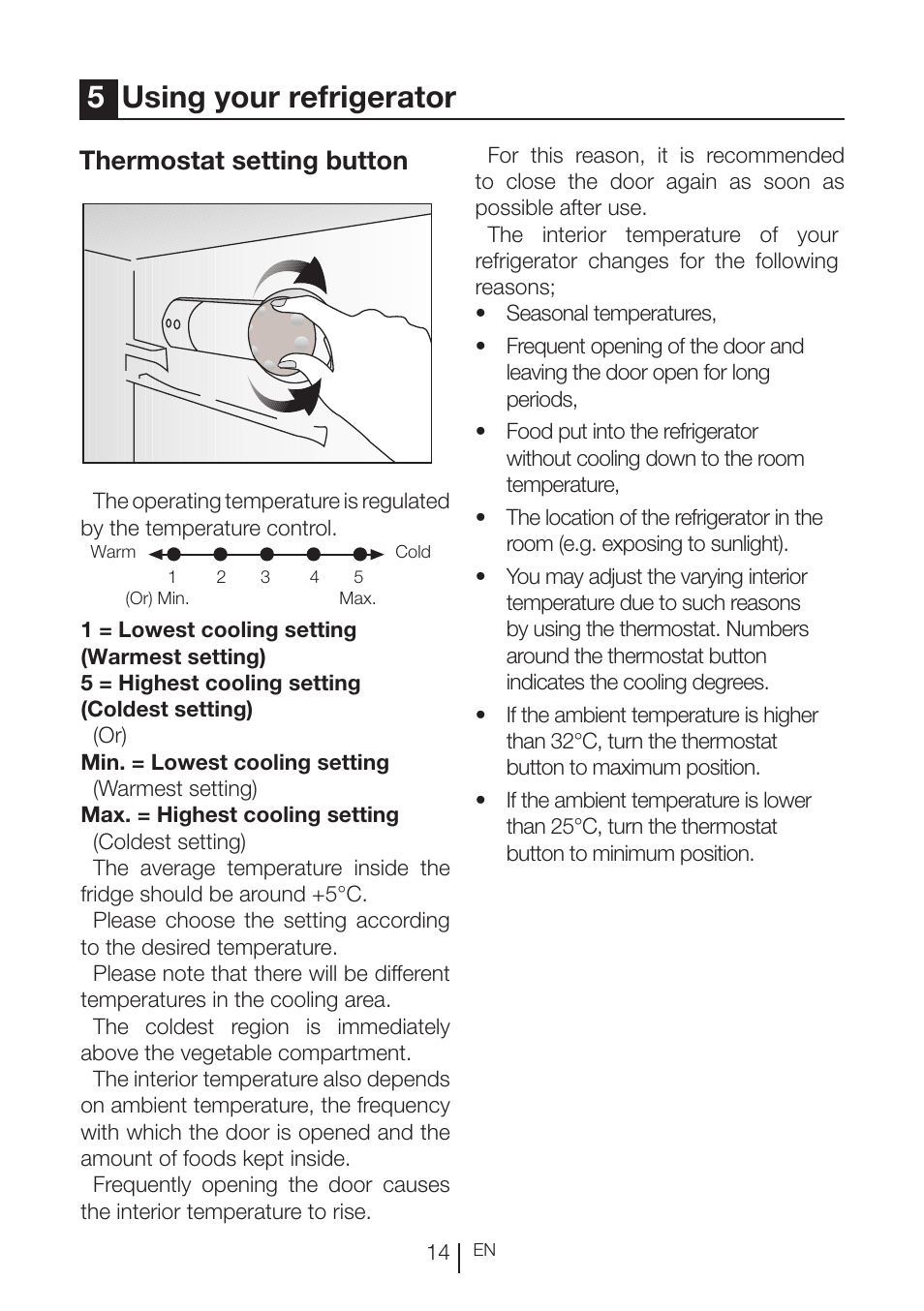 5using your refrigerator, Thermostat setting button | Beko RBI 2302 F User Manual | Page 15 / 85