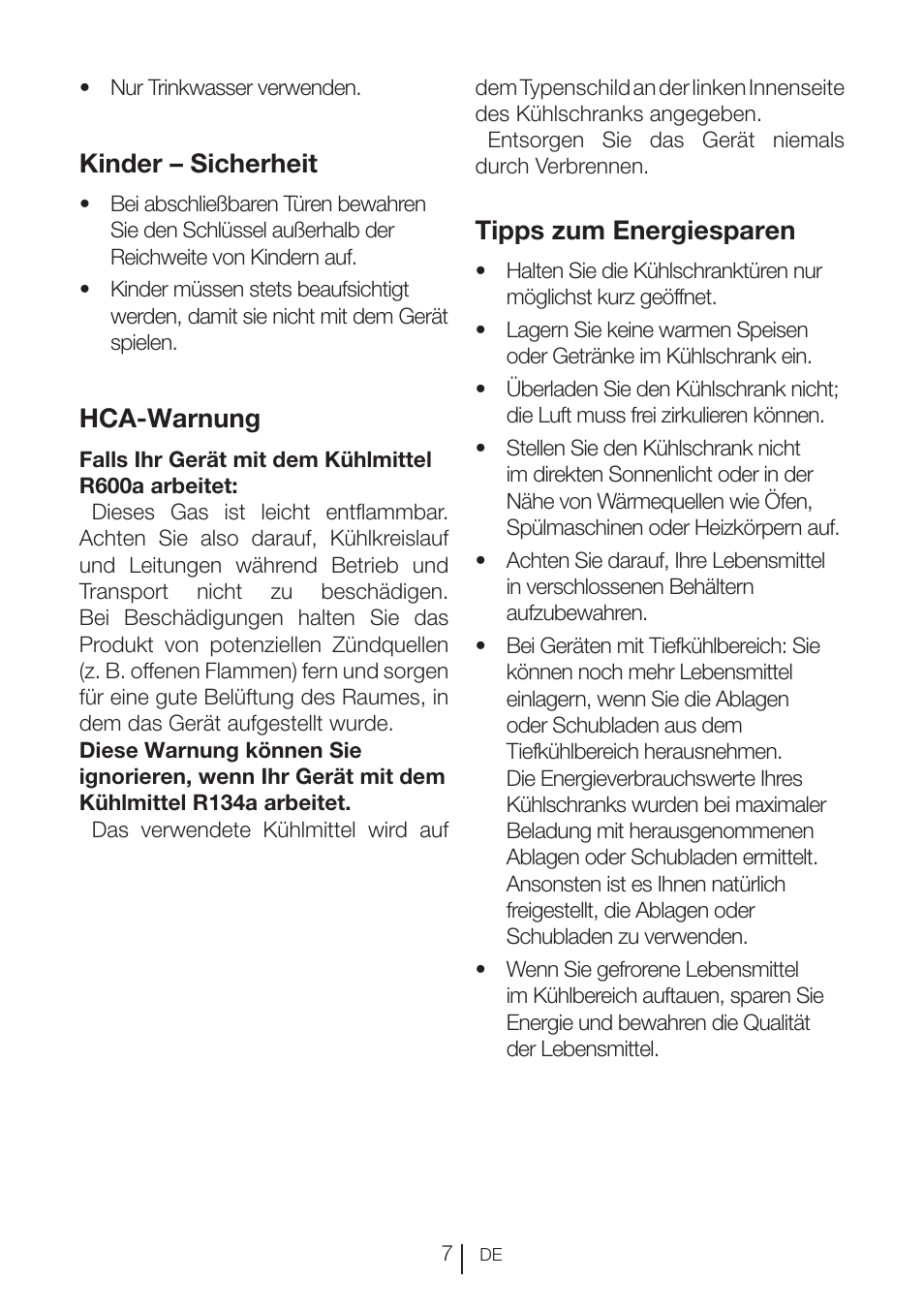 Kinder – sicherheit, Hca-warnung, Tipps zum energiesparen | Beko RBI 2302 F User Manual | Page 28 / 85