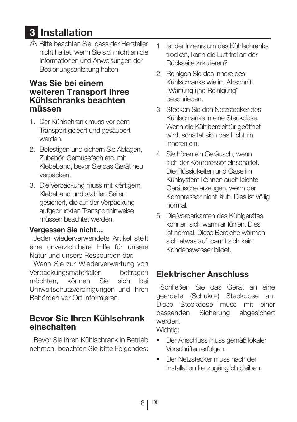3installation, Bevor sie ihren kühlschrank einschalten, Elektrischer anschluss | Beko RBI 2302 F User Manual | Page 29 / 85