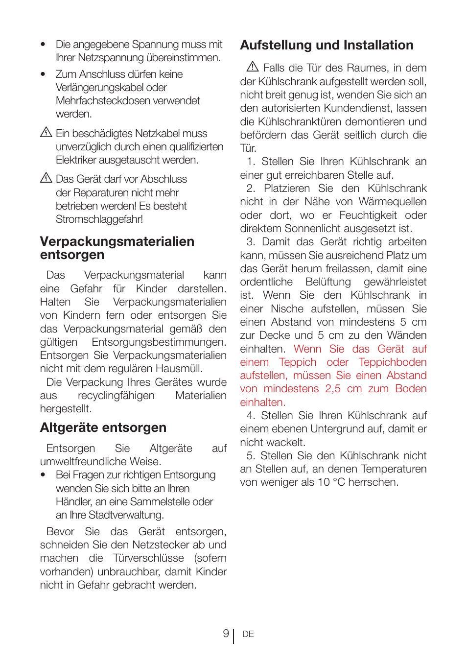 Verpackungsmaterialien entsorgen, Altgeräte entsorgen, Aufstellung und installation a | Beko RBI 2302 F User Manual | Page 30 / 85