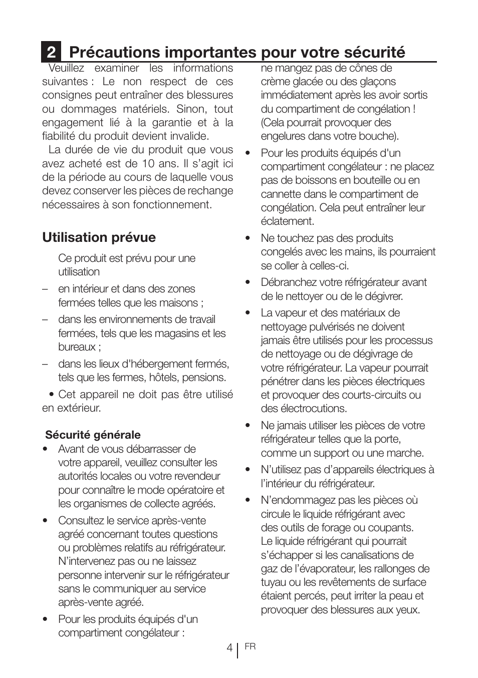 2précautions importantes pour votre sécurité, Utilisation prévue | Beko RBI 2302 F User Manual | Page 46 / 85