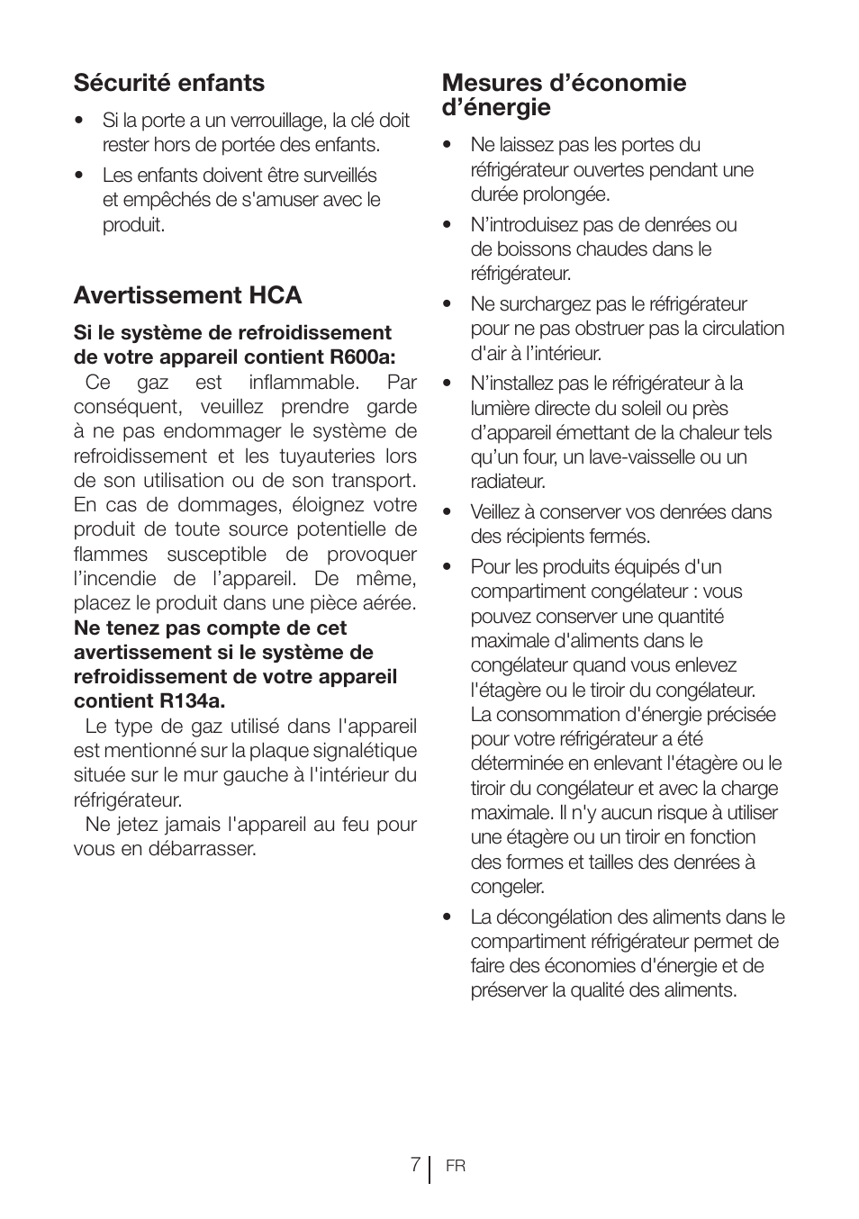 Sécurité enfants, Avertissement hca, Mesures d’économie d’énergie | Beko RBI 2302 F User Manual | Page 49 / 85