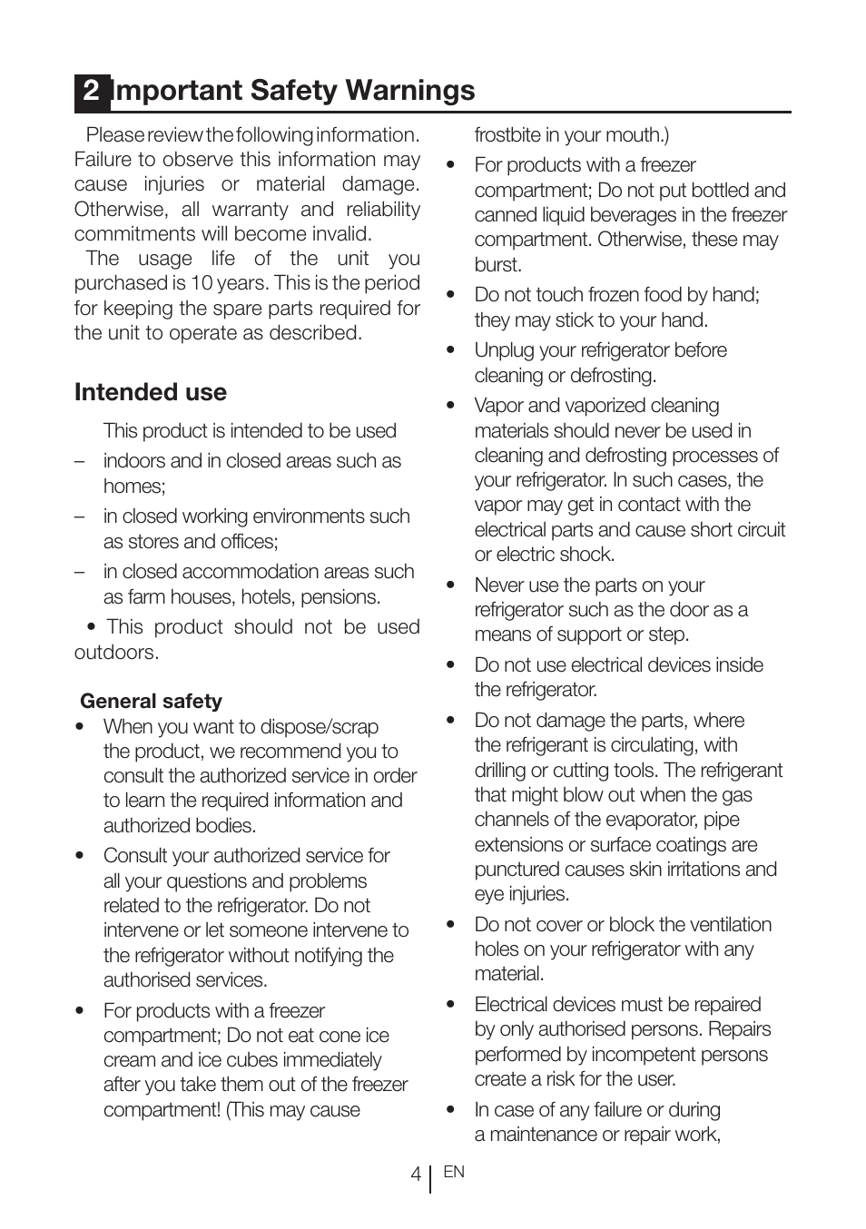 2important safety warnings, Intended use | Beko RBI 2302 F User Manual | Page 5 / 85