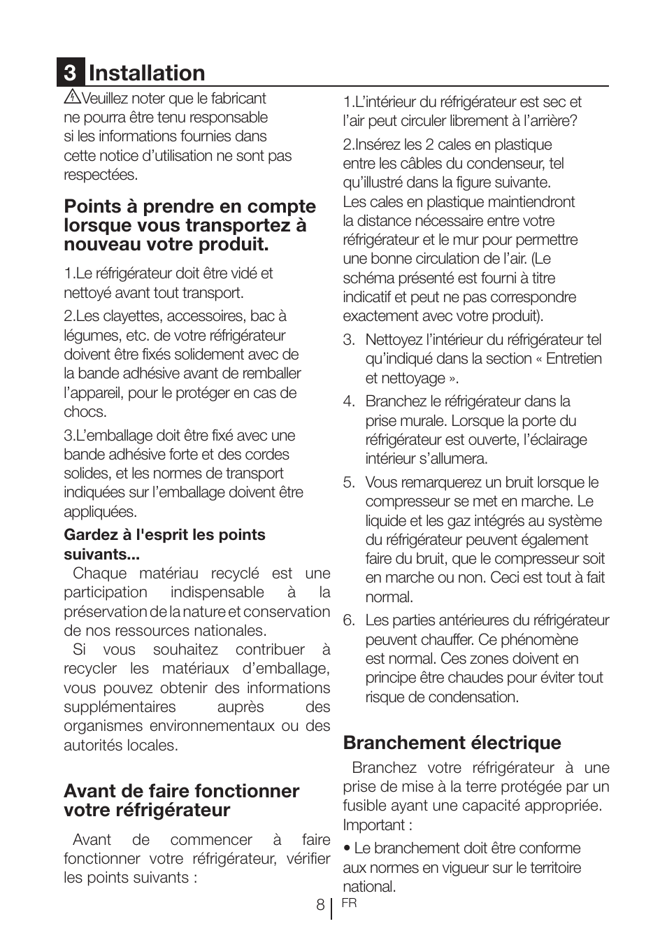 3installation, Avant de faire fonctionner votre réfrigérateur, Branchement électrique | Beko RBI 2302 F User Manual | Page 50 / 85