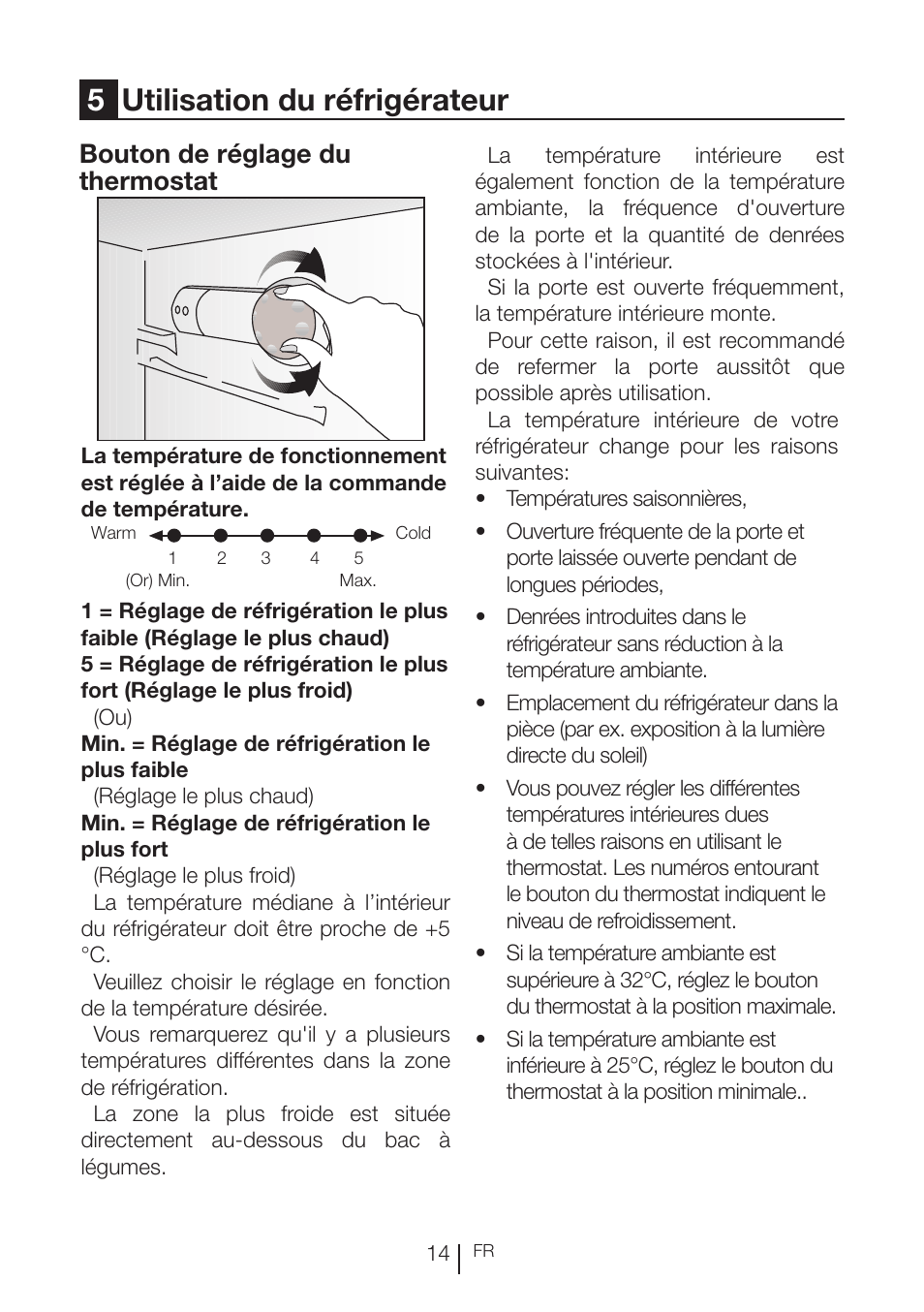 5utilisation du réfrigérateur, Bouton de réglage du thermostat | Beko RBI 2302 F User Manual | Page 56 / 85
