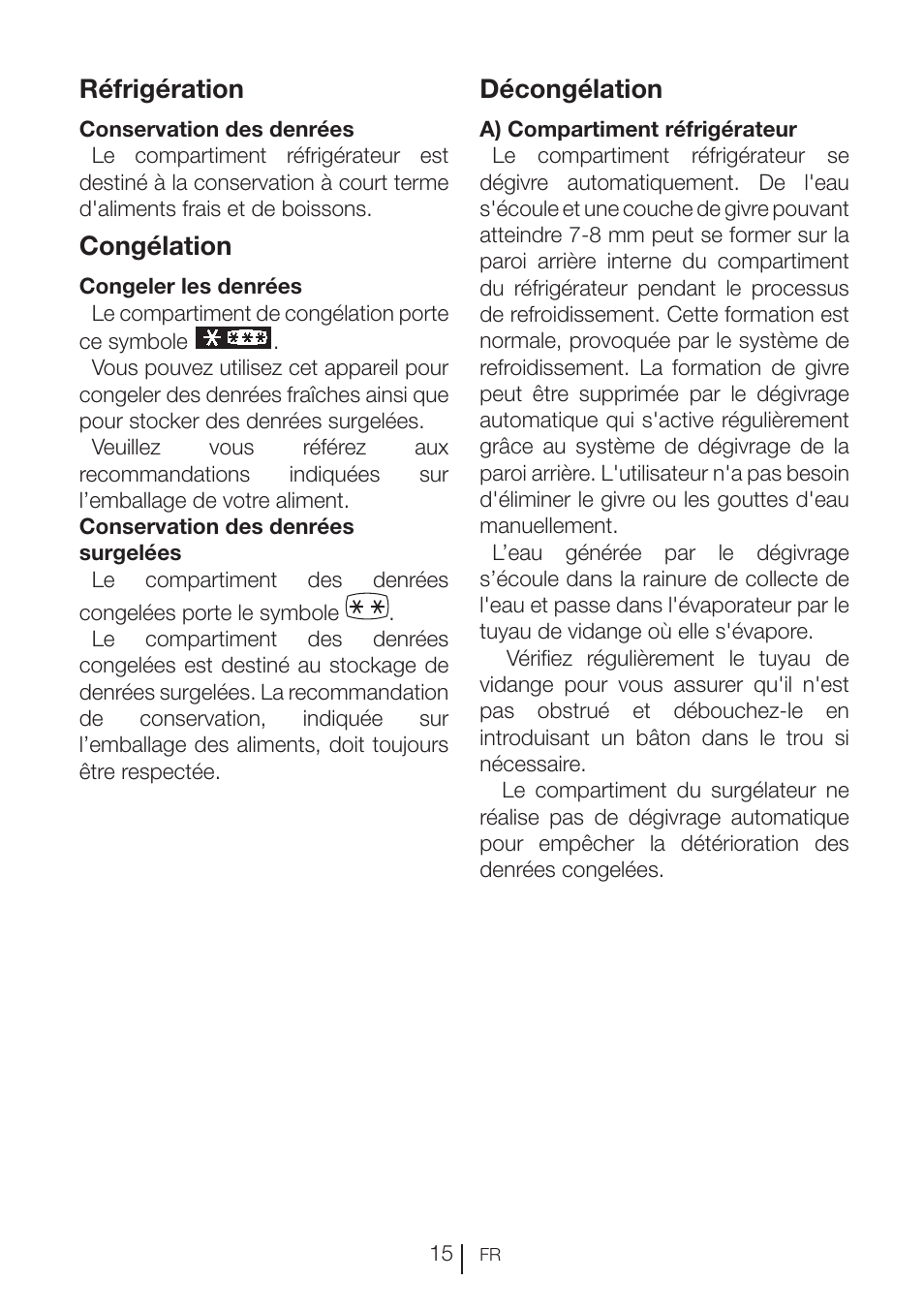 Réfrigération, Congélation, Décongélation | Beko RBI 2302 F User Manual | Page 57 / 85