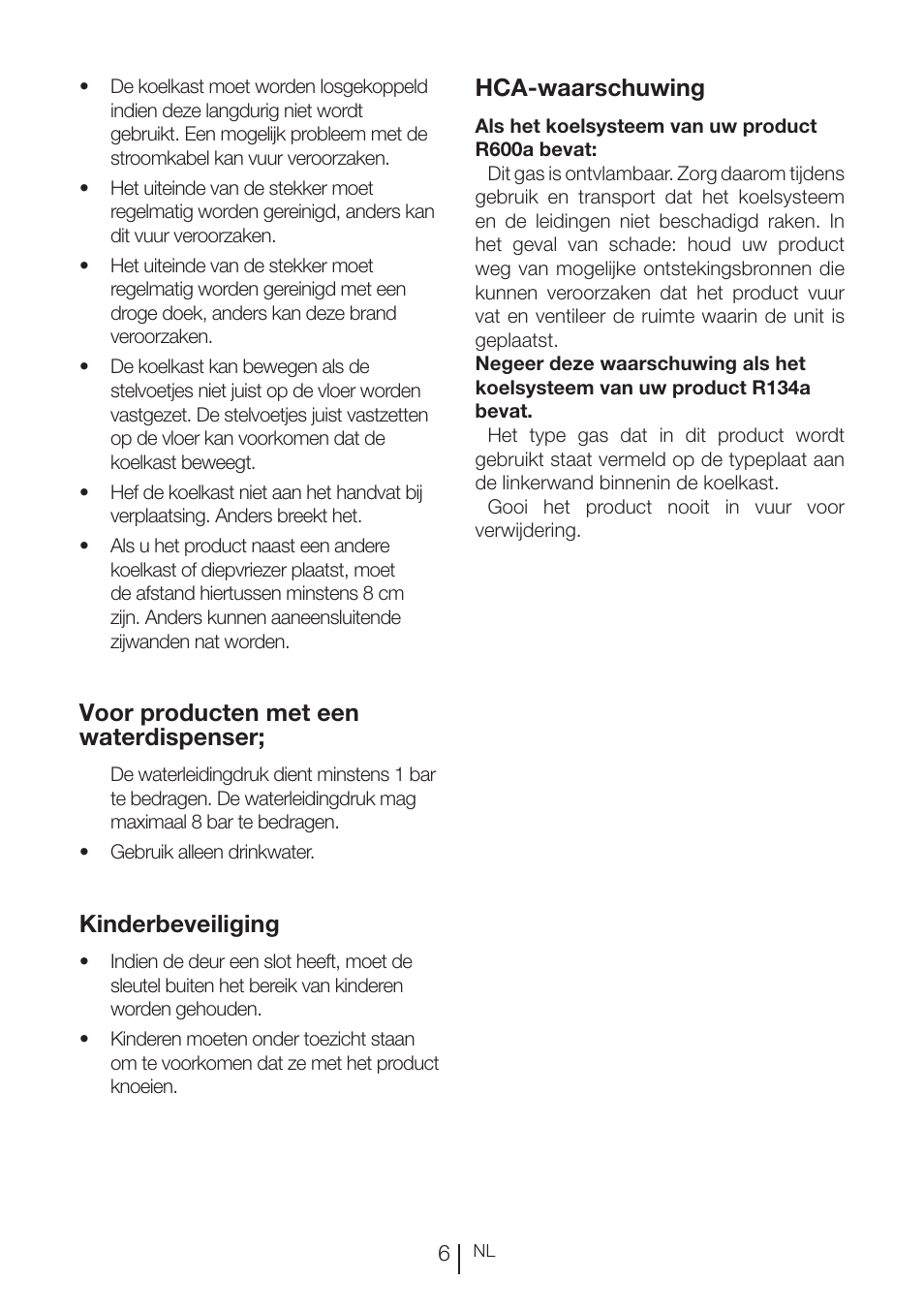 Voor producten met een waterdispenser, Kinderbeveiliging, Hca-waarschuwing | Beko RBI 2302 F User Manual | Page 69 / 85