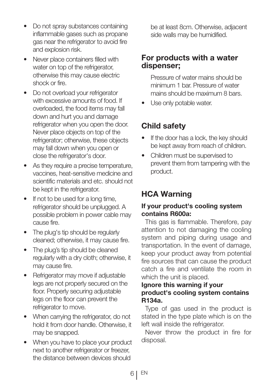 For products with a water dispenser, Child safety, Hca warning | Beko RBI 2302 F User Manual | Page 7 / 85