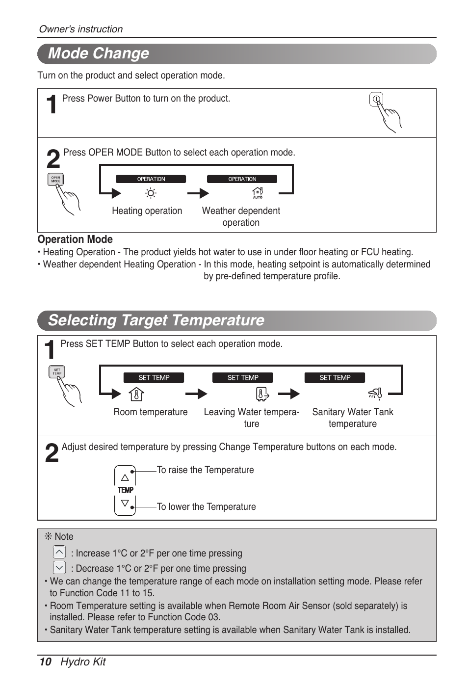 Selecting target temperature, Mode change | LG ARNH08GK3A2 User Manual | Page 10 / 495