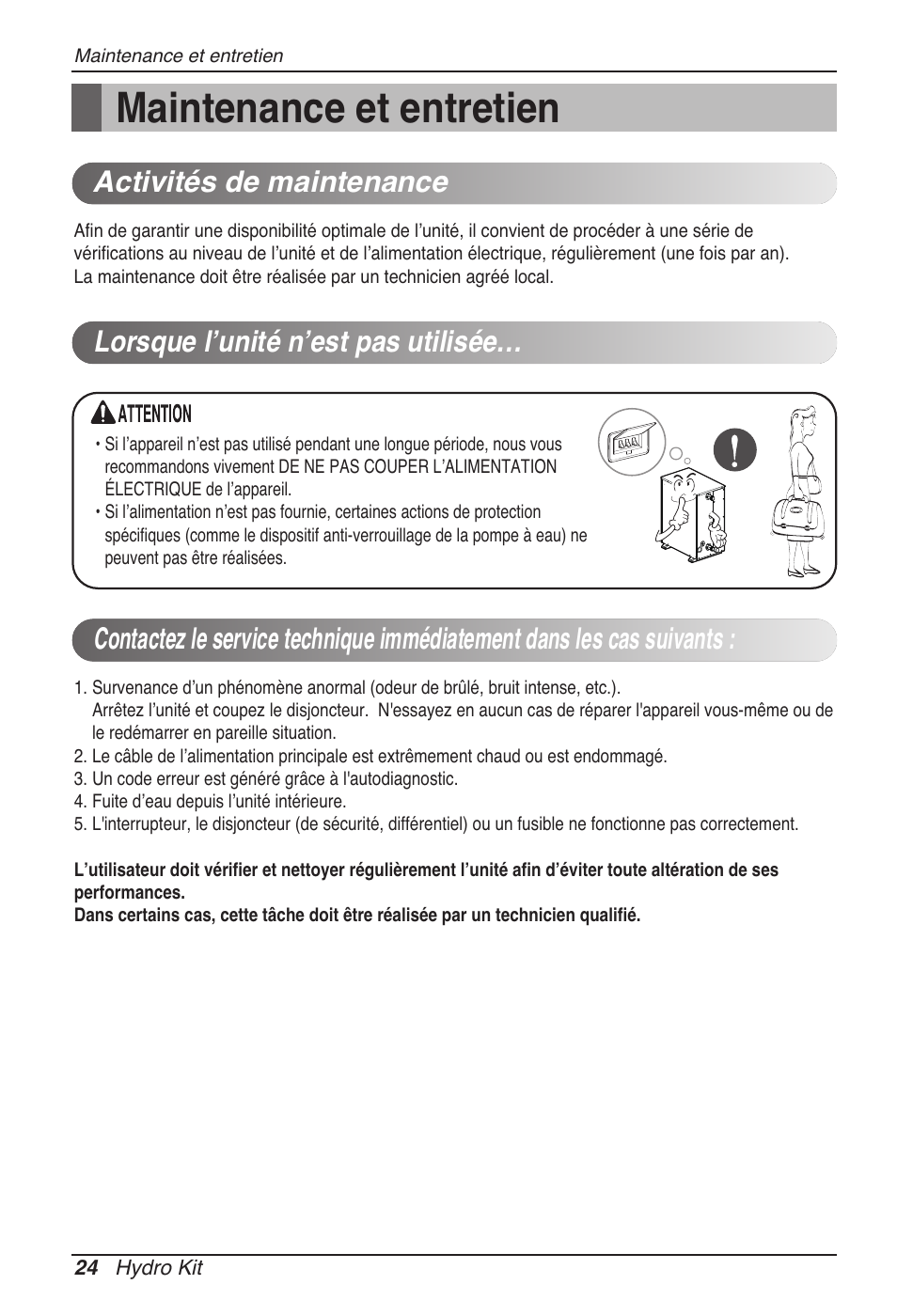 Maintenance et entretien, Activités de maintenance, Lorsque l’unité n’est pas utilisée | LG ARNH08GK3A2 User Manual | Page 102 / 495