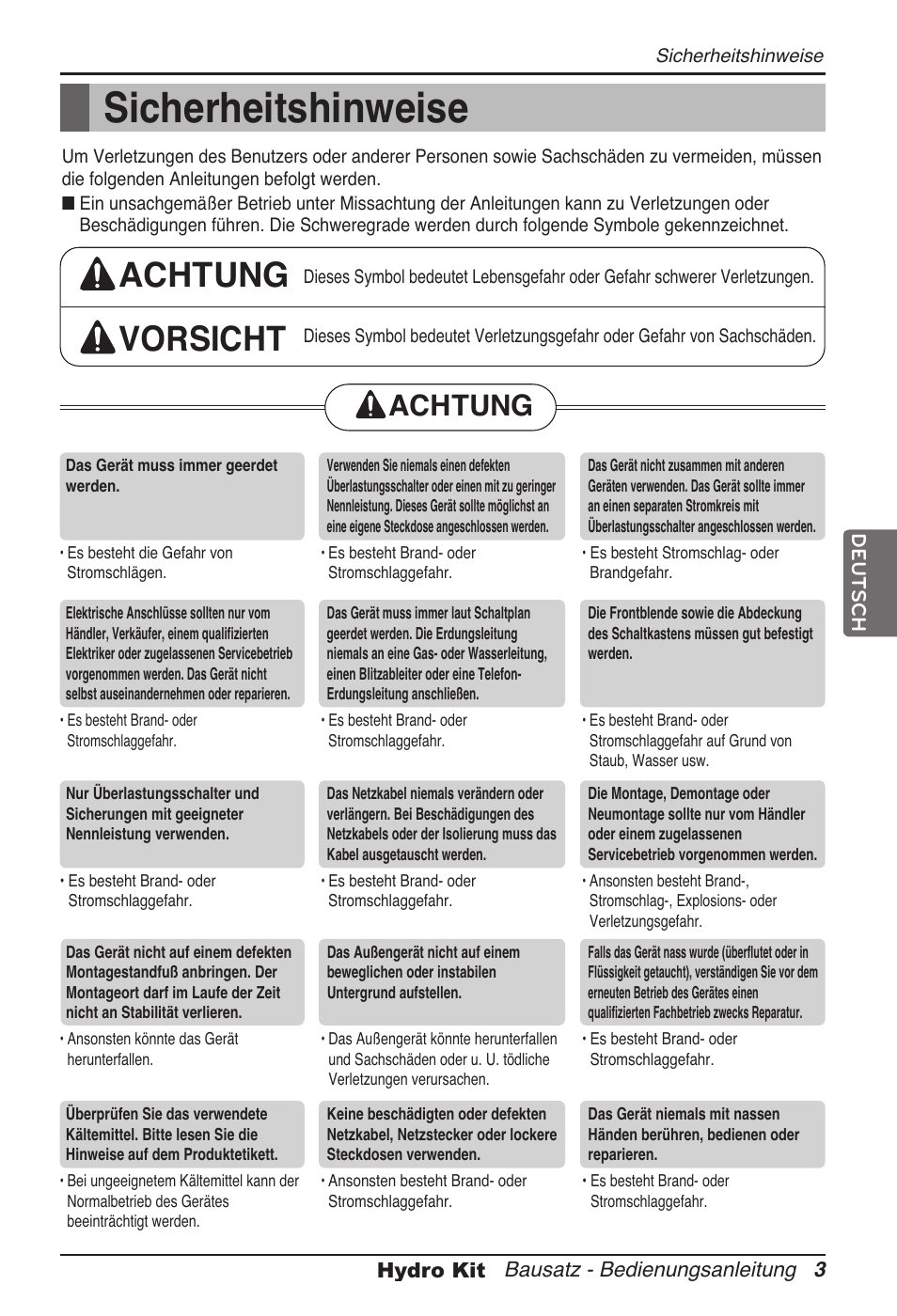 Sicherheitshinweise, Achtung vorsicht, Achtung | LG ARNH08GK3A2 User Manual | Page 107 / 495