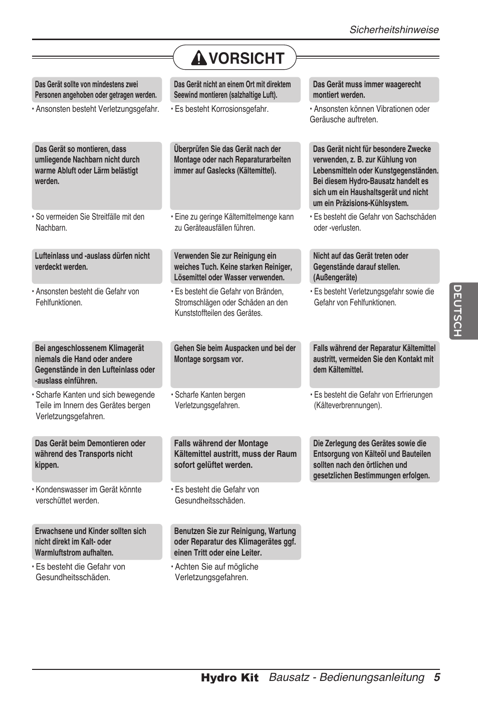 Vorsicht, Bausatz - bedienungsanleitung 5 hydro kit deutsch | LG ARNH08GK3A2 User Manual | Page 109 / 495