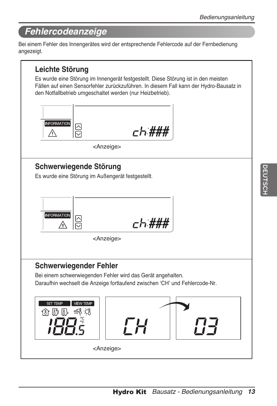 Fehlercodeanzeige, Leichte störung, Schwerwiegende störung | Schwerwiegender fehler | LG ARNH08GK3A2 User Manual | Page 117 / 495