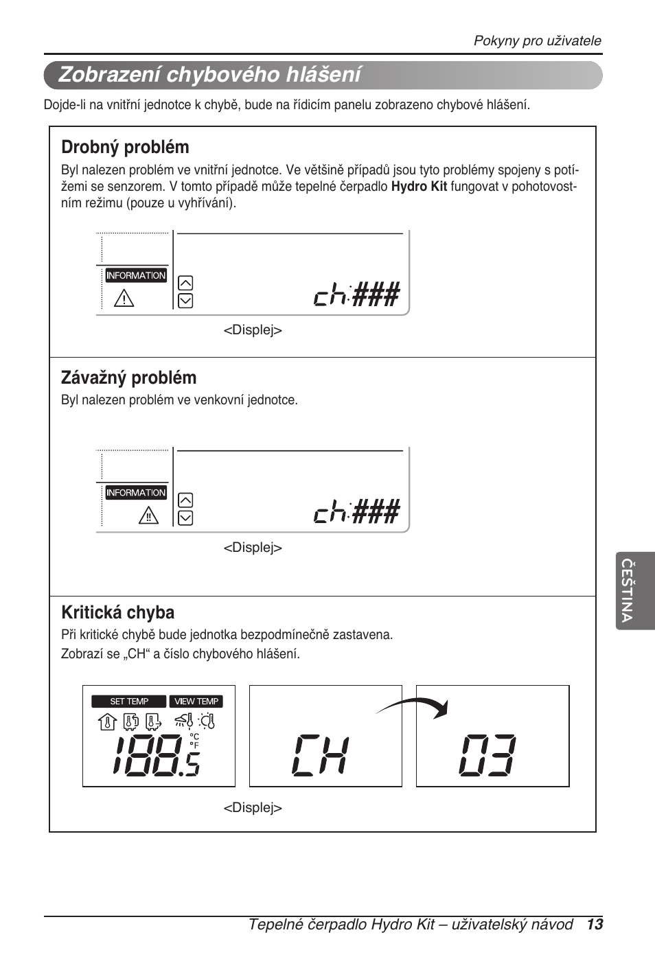 Zobrazení chybového hlášení, Drobný problém, Závažný problém | Kritická chyba | LG ARNH08GK3A2 User Manual | Page 169 / 495