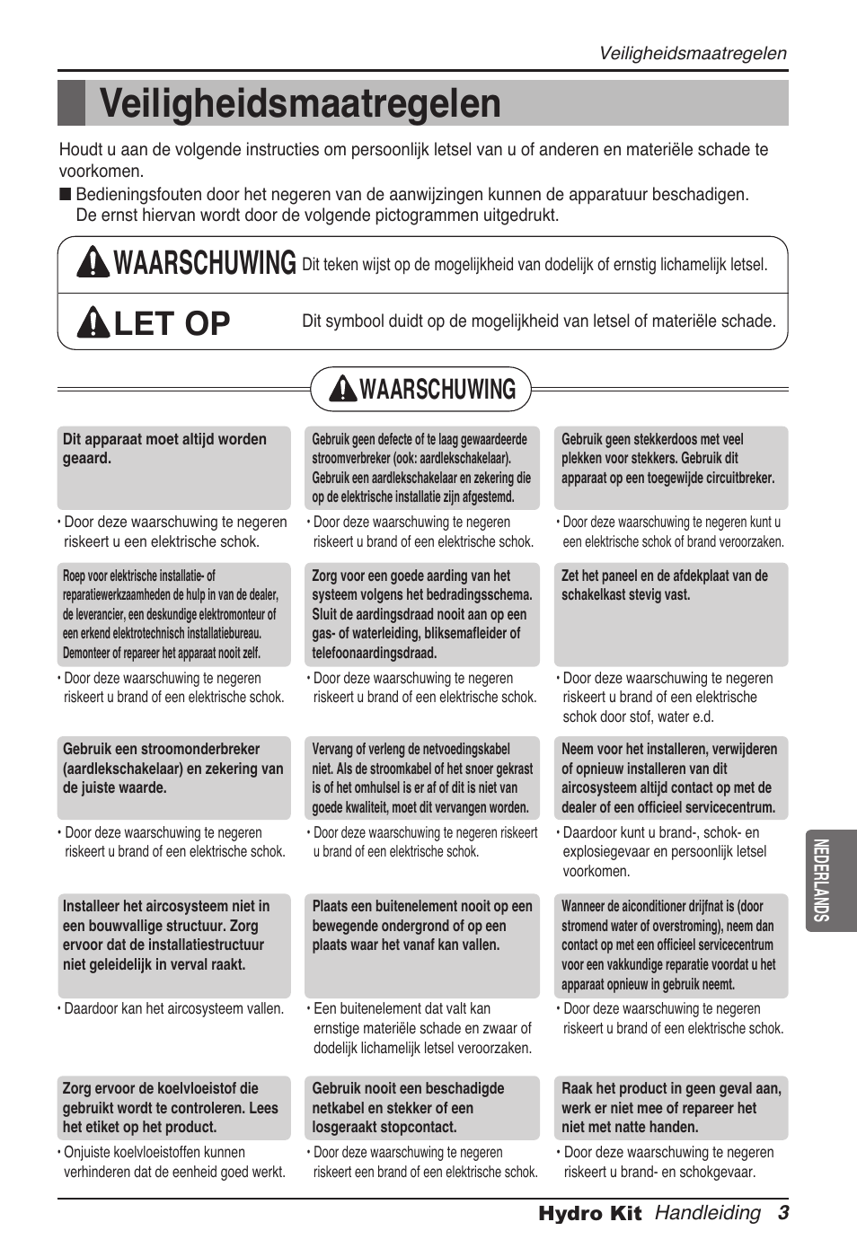 Veiligheidsmaatregelen, Waarschuwing let op, Waarschuwing | LG ARNH08GK3A2 User Manual | Page 185 / 495