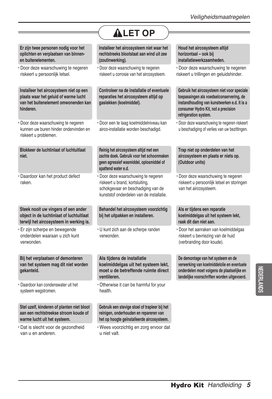 Let op, Handleiding 5 hydro kit nederlands | LG ARNH08GK3A2 User Manual | Page 187 / 495