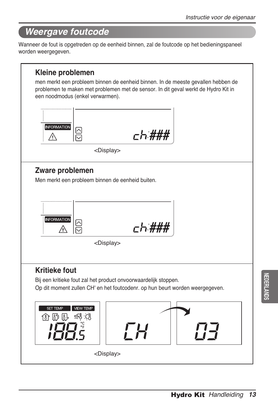 Weergave foutcode, Kleine problemen, Zware problemen | Kritieke fout | LG ARNH08GK3A2 User Manual | Page 195 / 495