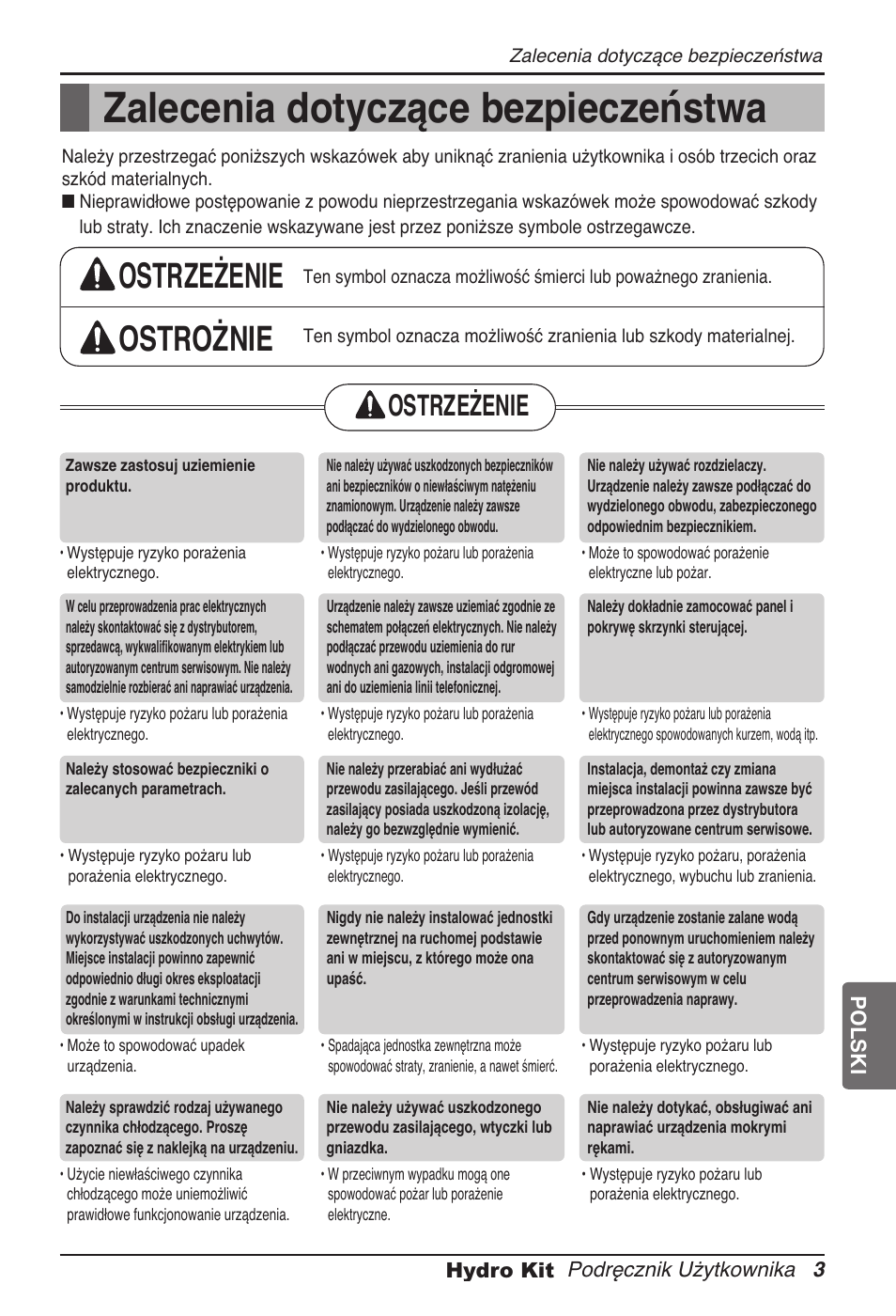 Zalecenia dotyczące bezpieczeństwa, Ostrzeżenie ostrożnie, Ostrzeżenie | LG ARNH08GK3A2 User Manual | Page 211 / 495