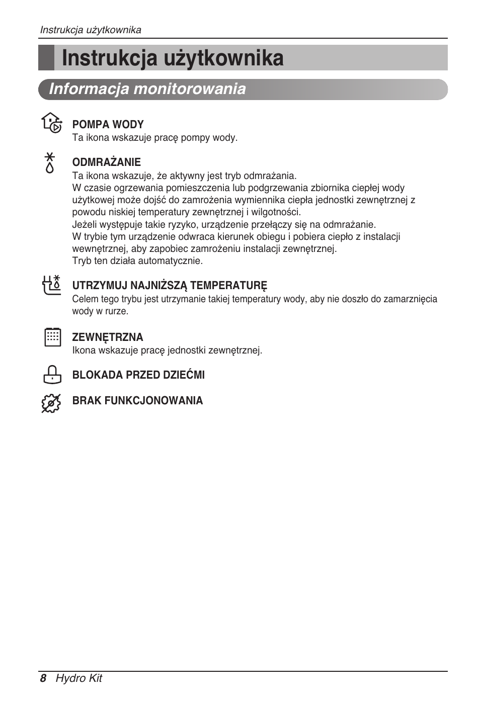 Instrukcja użytkownika, Informacja monitorowania | LG ARNH08GK3A2 User Manual | Page 216 / 495