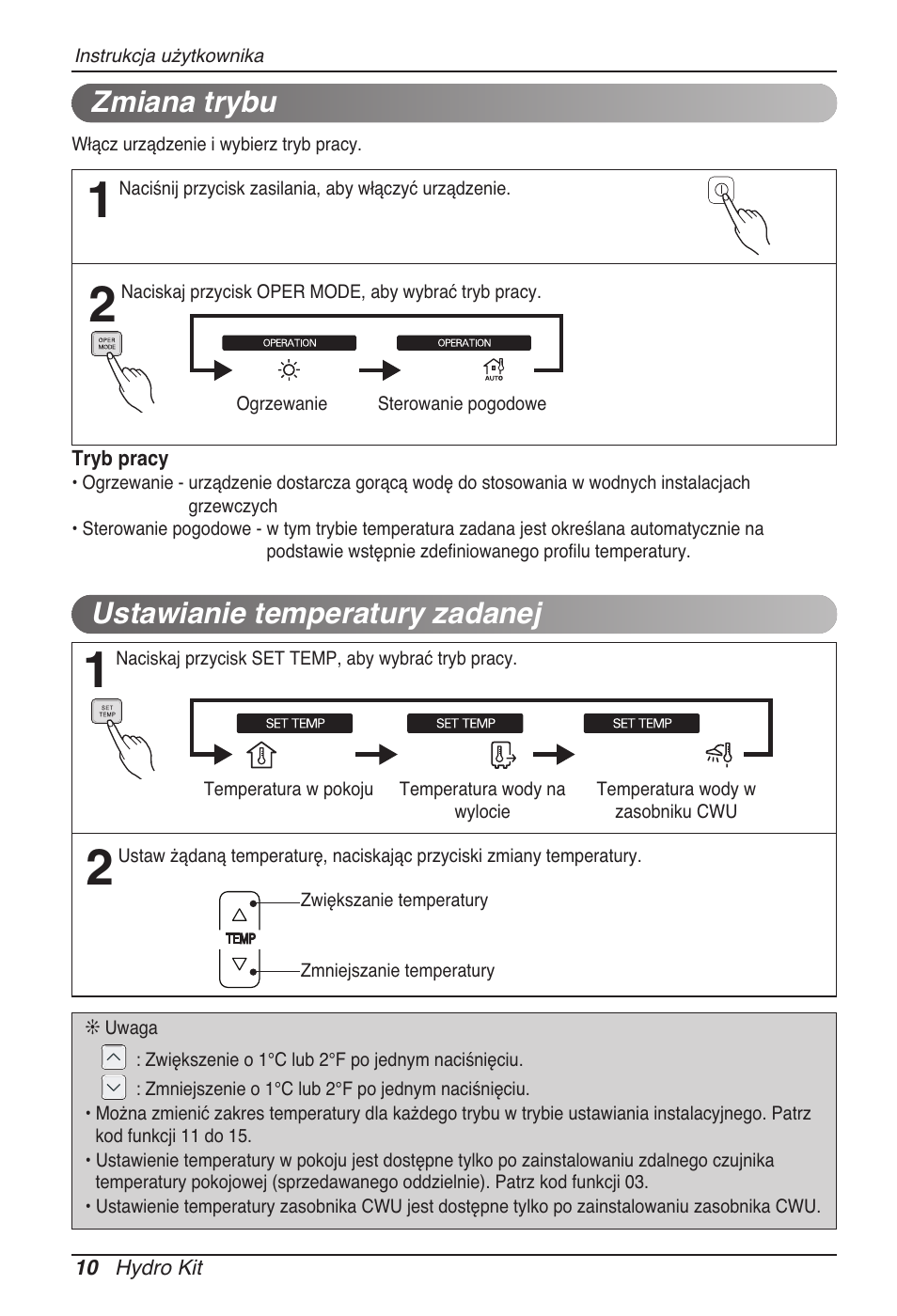 Ustawianie temperatury zadanej, Zmiana trybu | LG ARNH08GK3A2 User Manual | Page 218 / 495