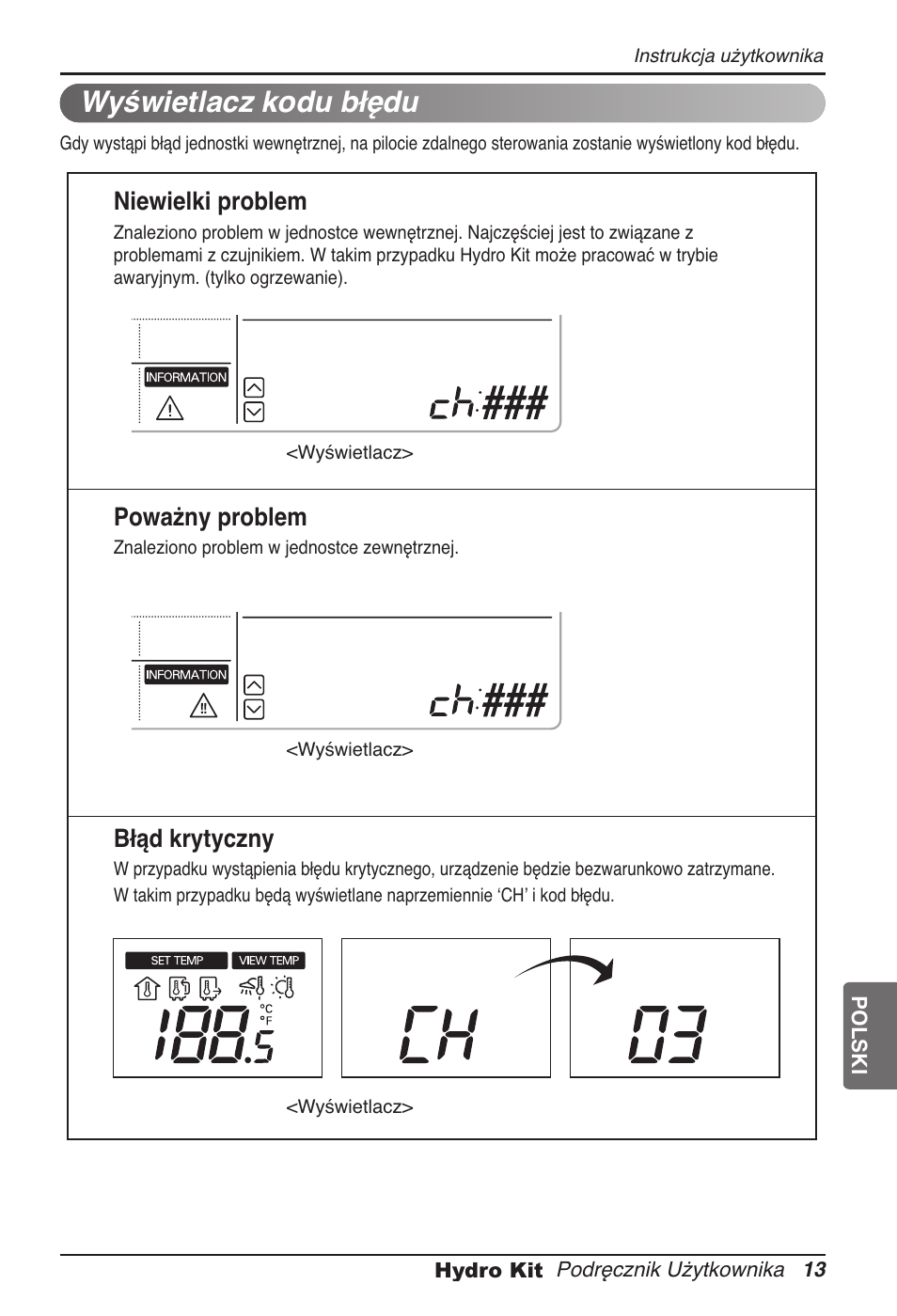 Wyświetlacz kodu błędu, Niewielki problem, Poważny problem | Błąd krytyczny | LG ARNH08GK3A2 User Manual | Page 221 / 495