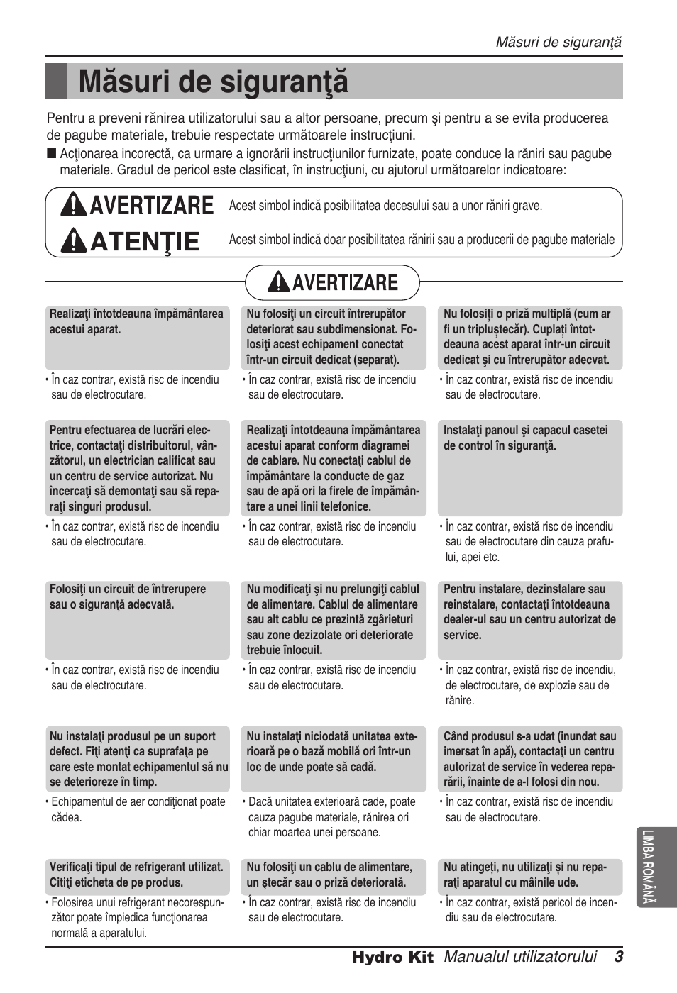 Măsuri de siguranţă, Manualul utilizatorului 3 hydro kit, Limba română | LG ARNH08GK3A2 User Manual | Page 237 / 495