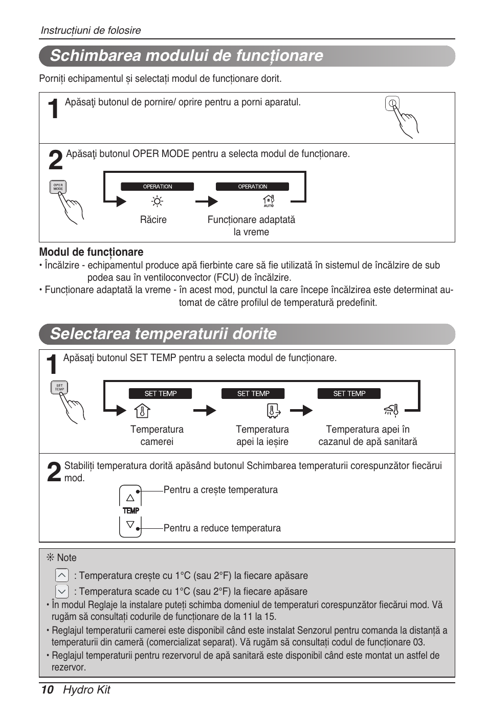 Selectarea temperaturii dorite, Schimbarea modului de funcţionare | LG ARNH08GK3A2 User Manual | Page 244 / 495