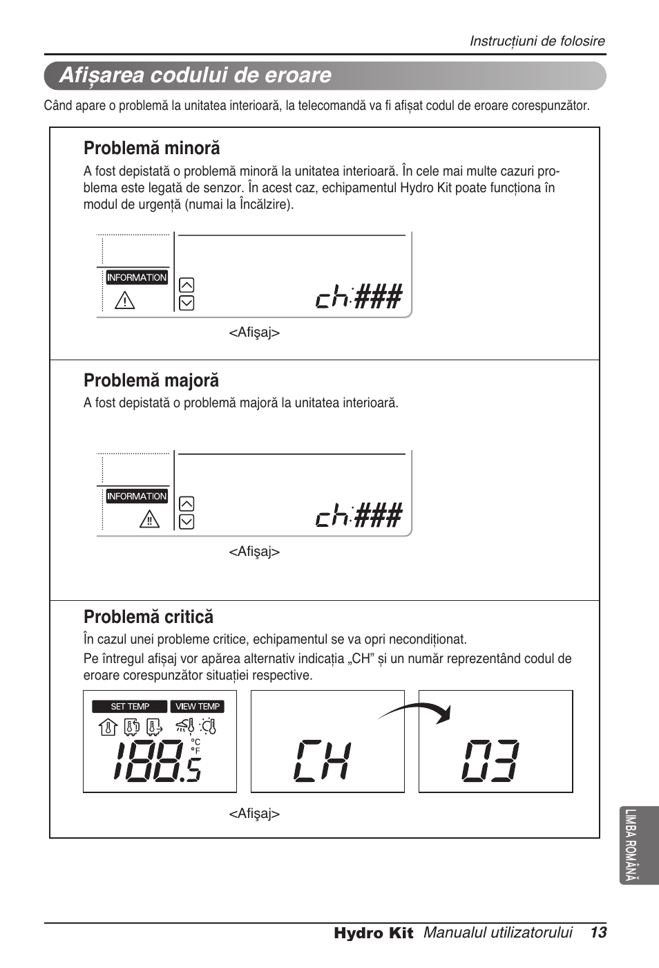 Afișarea codului de eroare, Problemă minoră, Problemă majoră | Problemă critică | LG ARNH08GK3A2 User Manual | Page 247 / 495