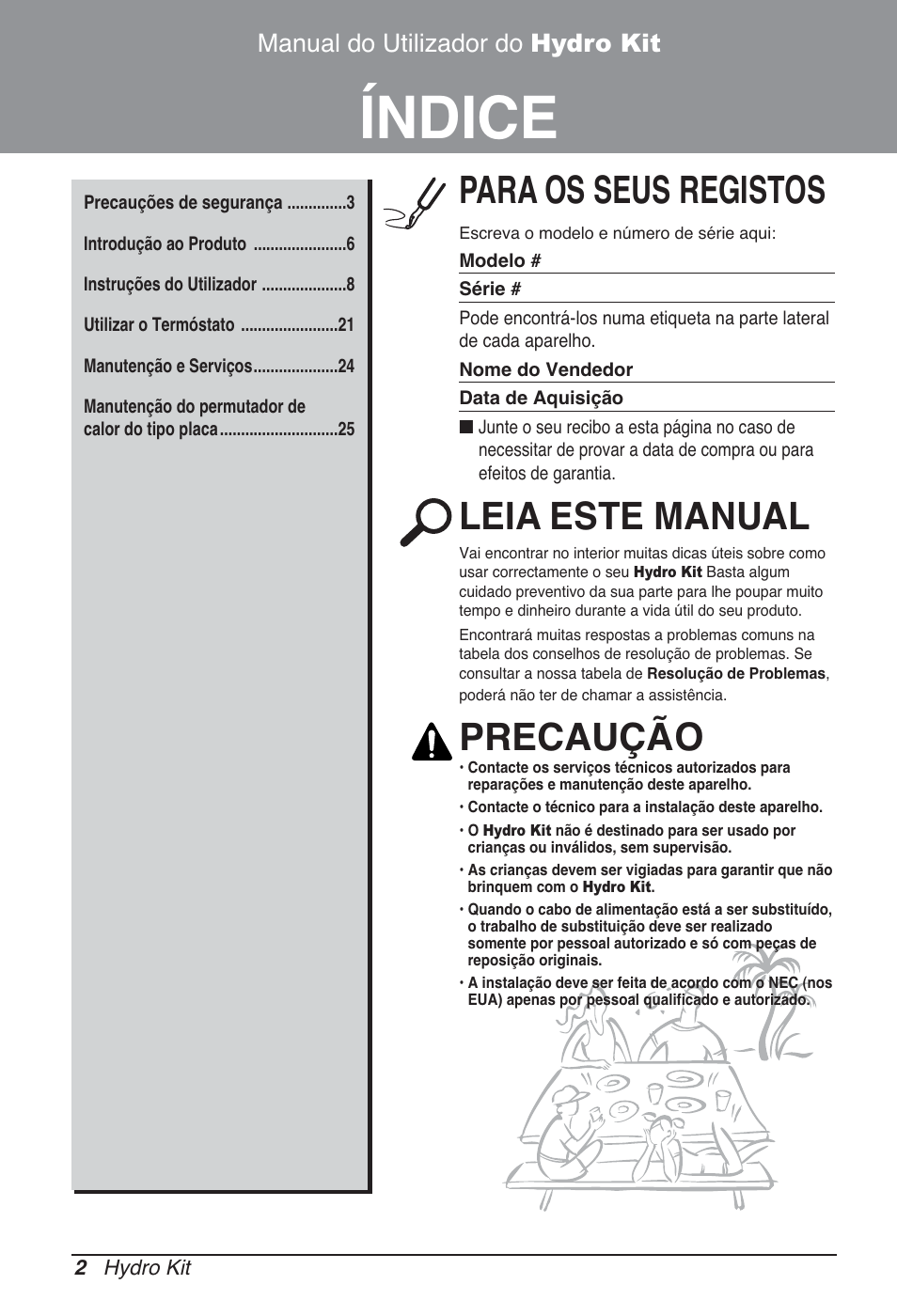 Índice, Para os seus registos, Leia este manual | Precaução, Manual do utilizador do hydro kit | LG ARNH08GK3A2 User Manual | Page 262 / 495