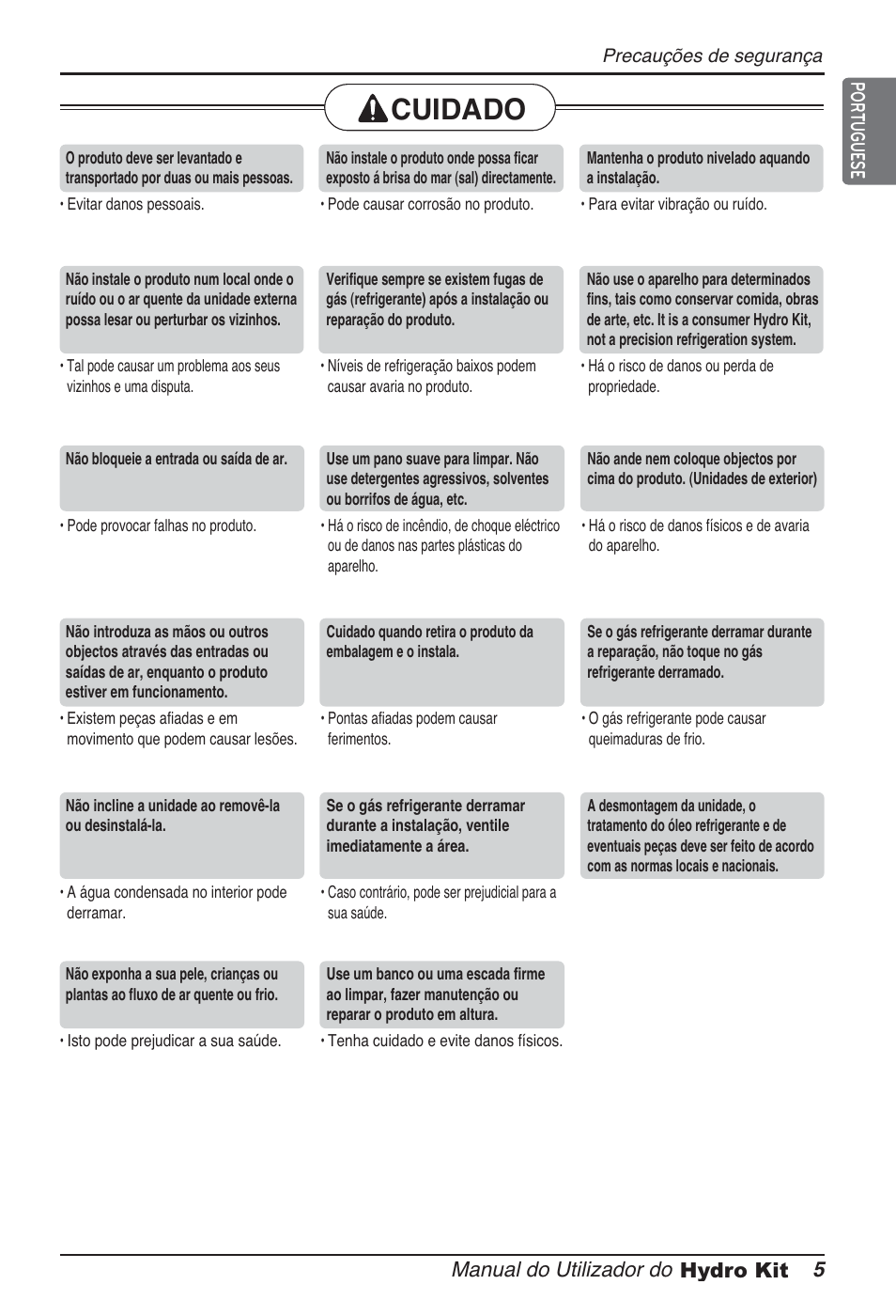 Cuidado, Manual do utilizador do 5 hydro kit portuguese | LG ARNH08GK3A2 User Manual | Page 265 / 495