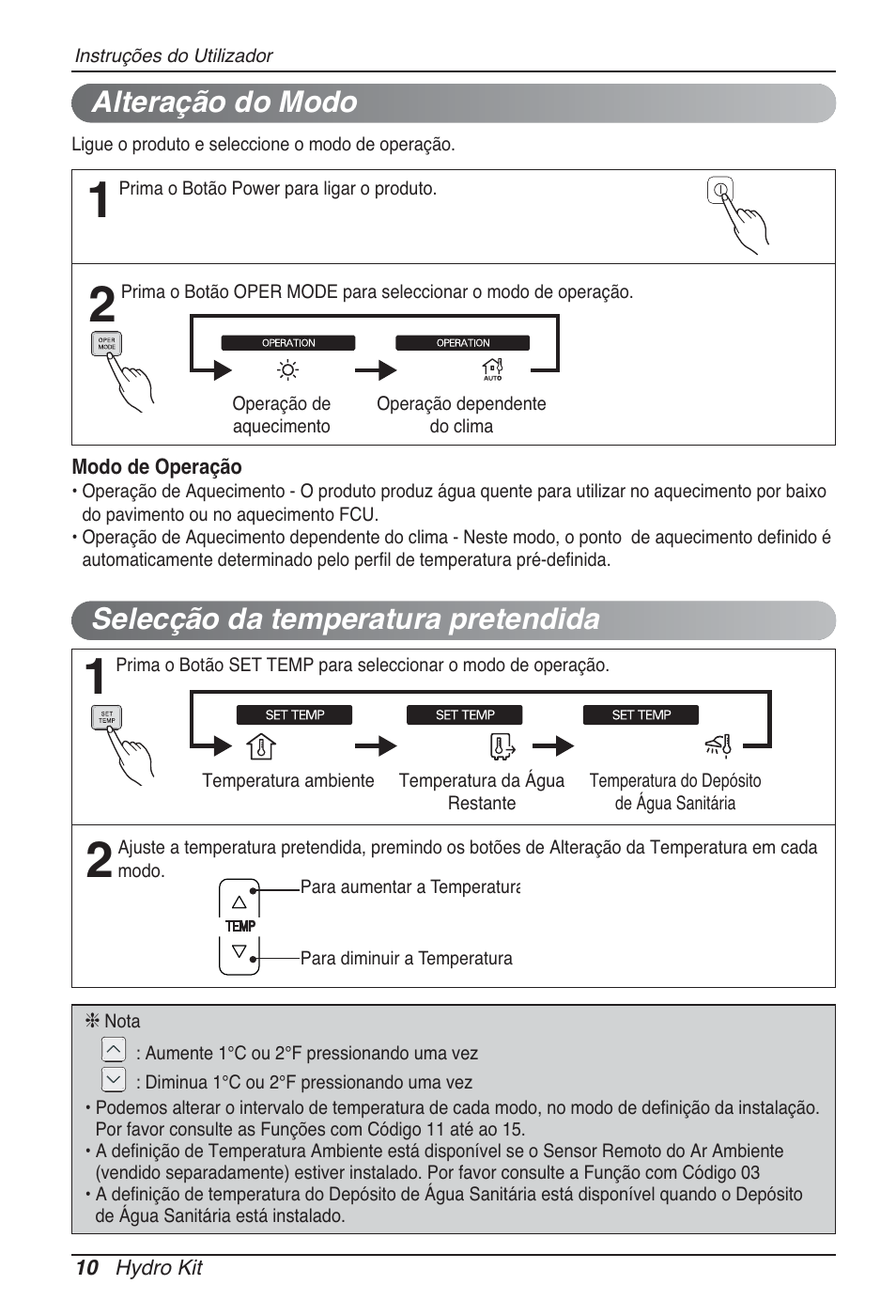 Selecção da temperatura pretendida, Alteração do modo | LG ARNH08GK3A2 User Manual | Page 270 / 495