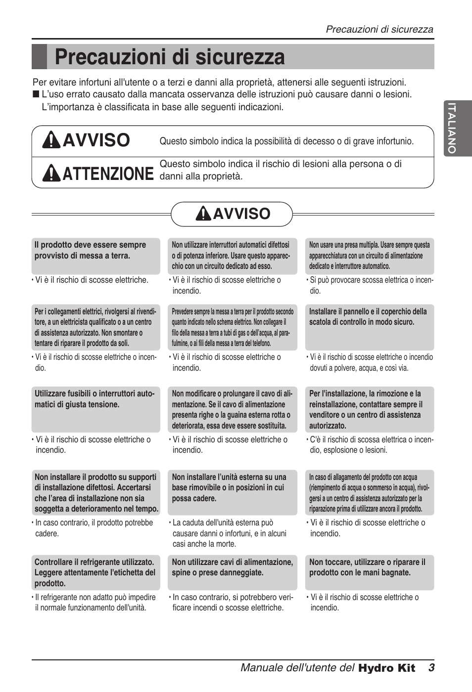 Precauzioni di sicurezza, Avviso attenzione, Avviso | LG ARNH08GK3A2 User Manual | Page 29 / 495