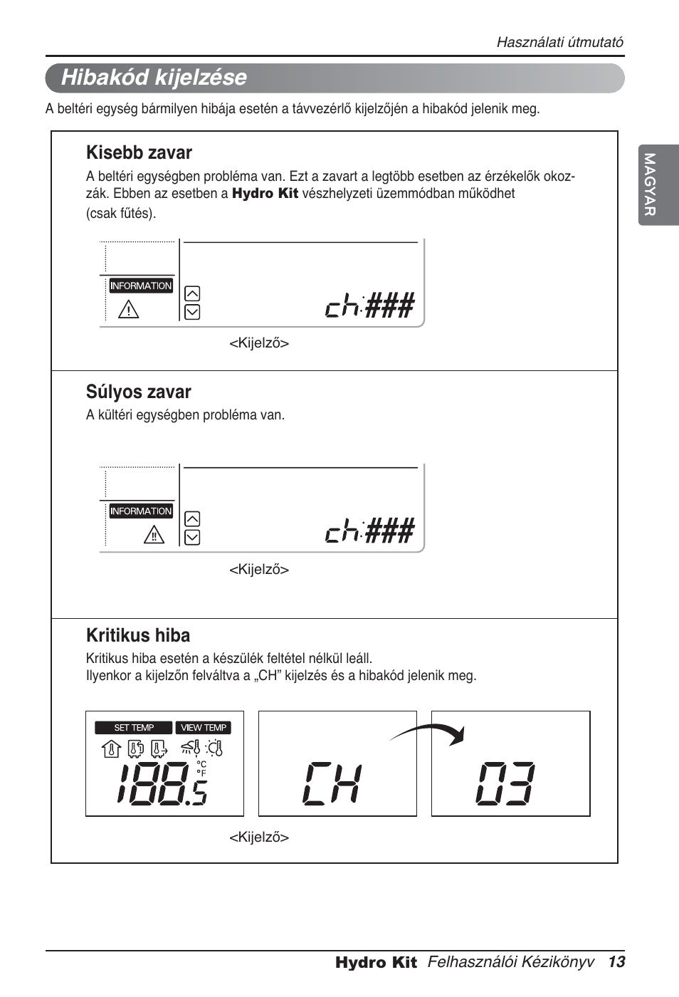 Hibakód kijelzése, Kisebb zavar, Súlyos zavar | Kritikus hiba | LG ARNH08GK3A2 User Manual | Page 299 / 495