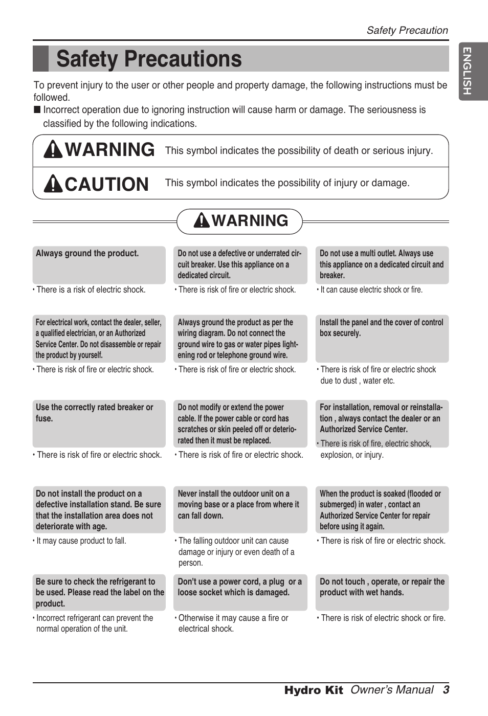 Safety precautions, Warning caution, Warning | LG ARNH08GK3A2 User Manual | Page 3 / 495