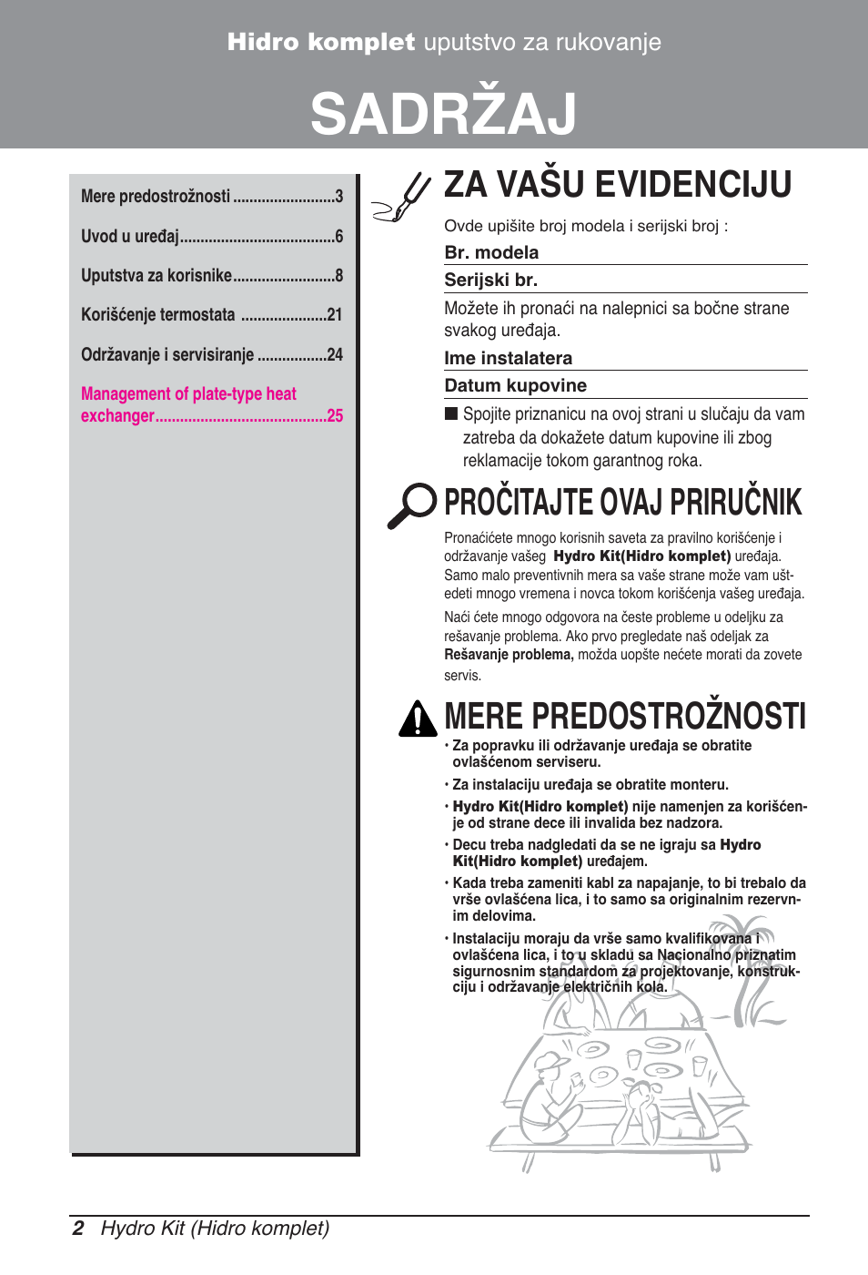 Sadržaj, Za vašu evidenciju, Pročitajte ovaj priručnik | Mere predostrožnosti, Hidro komplet uputstvo za rukovanje | LG ARNH08GK3A2 User Manual | Page 340 / 495