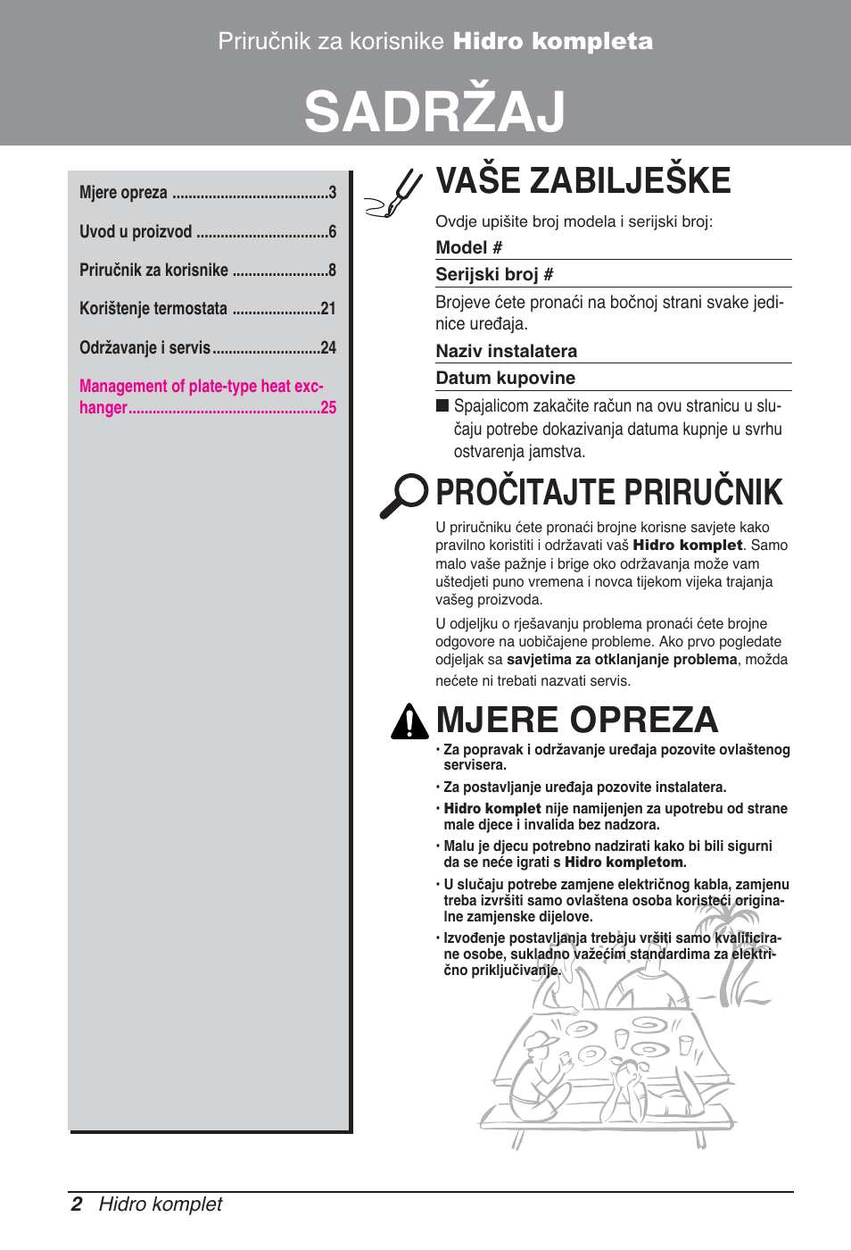 Sadržaj, Vaše zabilješke, Pročitajte priručnik | Mjere opreza, Priručnik za korisnike hidro kompleta | LG ARNH08GK3A2 User Manual | Page 366 / 495