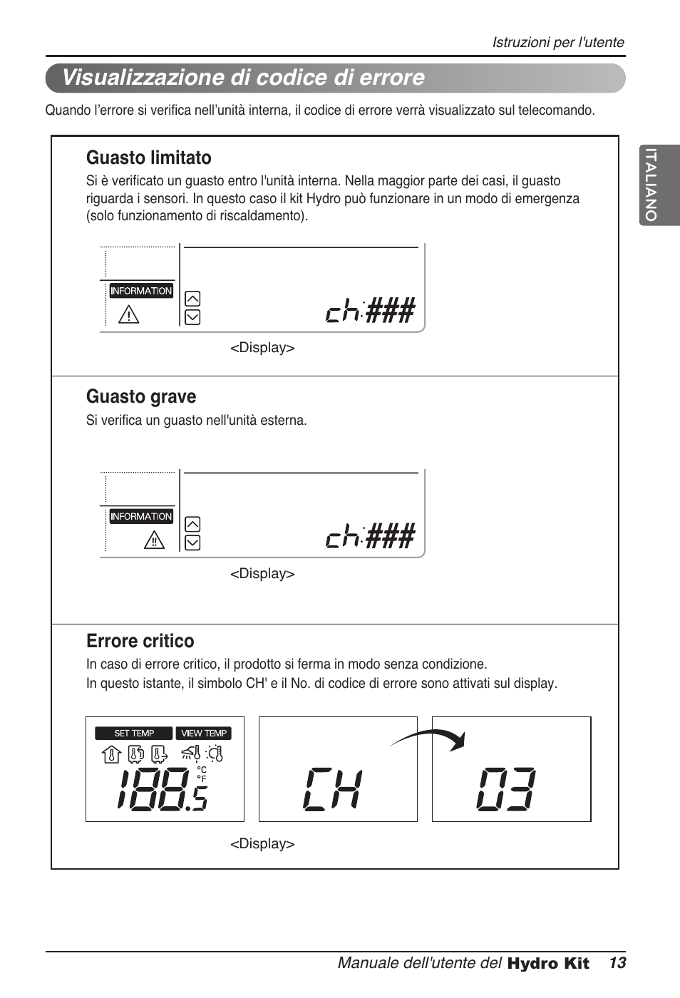 Visualizzazione di codice di errore, Guasto limitato, Guasto grave | Errore critico | LG ARNH08GK3A2 User Manual | Page 39 / 495