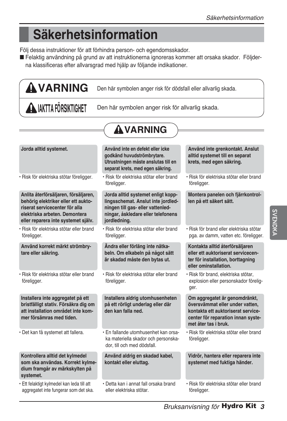 Säkerhetsinformation, Varning iaktta försiktighet, Varning | LG ARNH08GK3A2 User Manual | Page 393 / 495