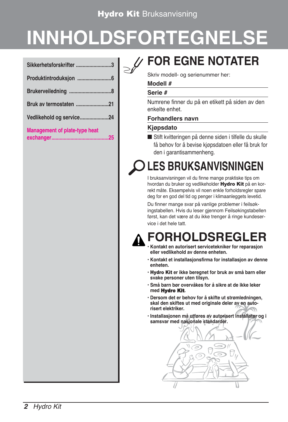 Innholdsfortegnelse, For egne notater, Les bruksanvisningen | Forholdsregler, Hydro kit bruksanvisning | LG ARNH08GK3A2 User Manual | Page 418 / 495