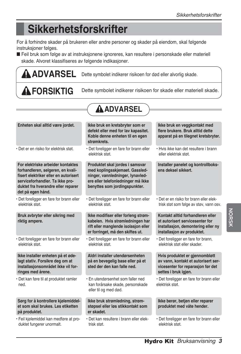 Sikkerhetsforskrifter, Advarsel forsiktig, Advarsel | LG ARNH08GK3A2 User Manual | Page 419 / 495