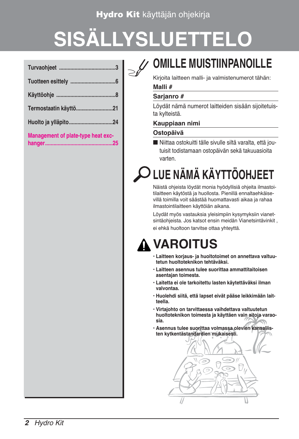 Sisällysluettelo, Omille muistiinpanoille, Lue nämä käyttöohjeet | Varoitus, Hydro kit käyttäjän ohjekirja | LG ARNH08GK3A2 User Manual | Page 444 / 495