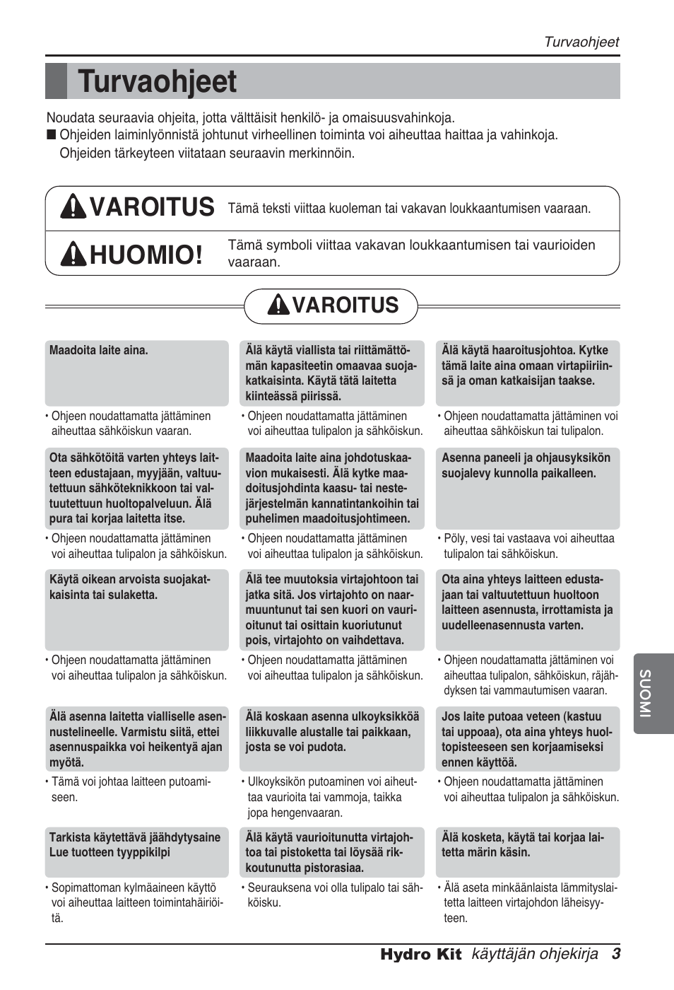 Turvaohjeet, Varoitus huomio, Varoitus | LG ARNH08GK3A2 User Manual | Page 445 / 495