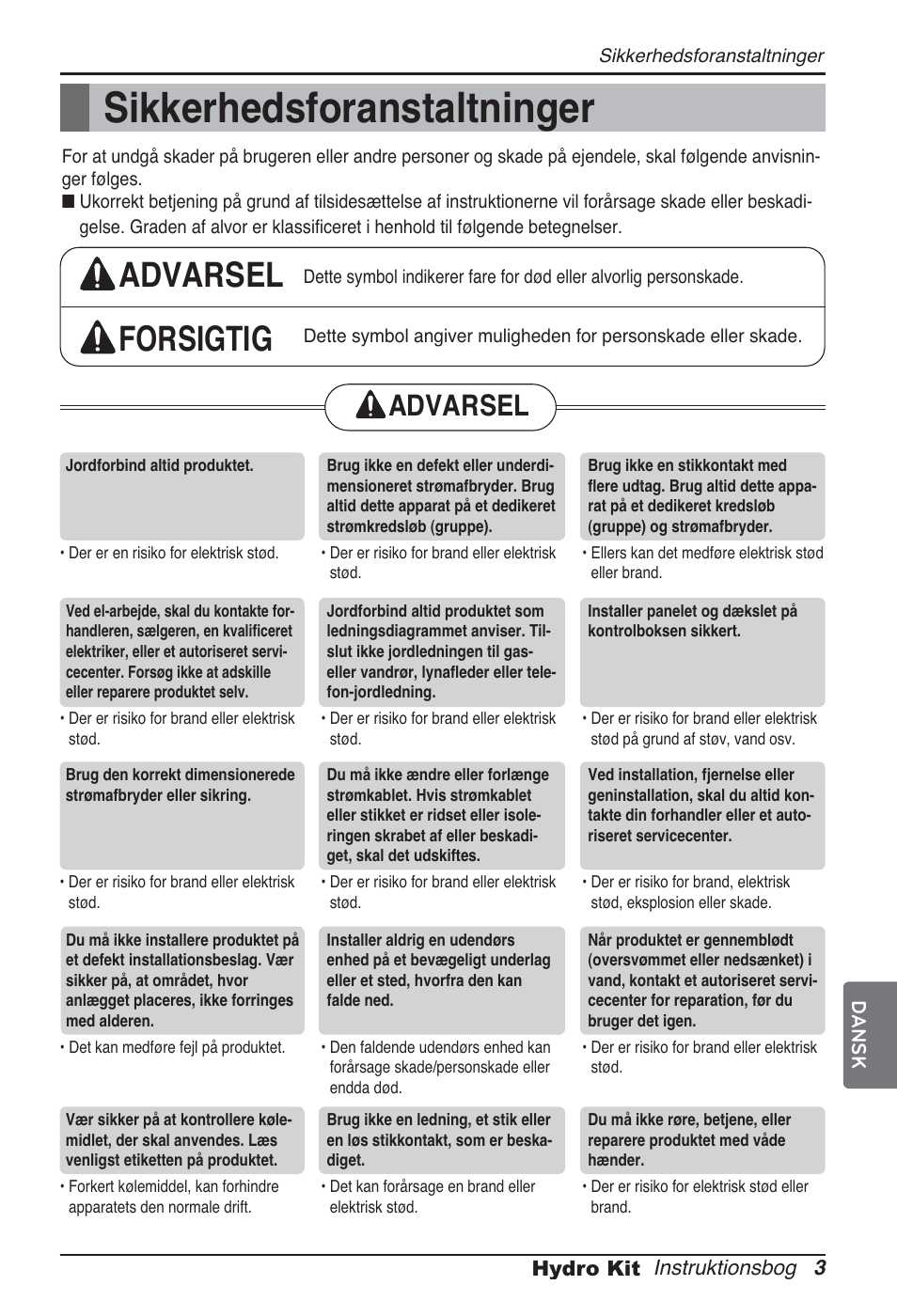 Sikkerhedsforanstaltninger, Advarsel forsigtig, Advarsel | LG ARNH08GK3A2 User Manual | Page 471 / 495