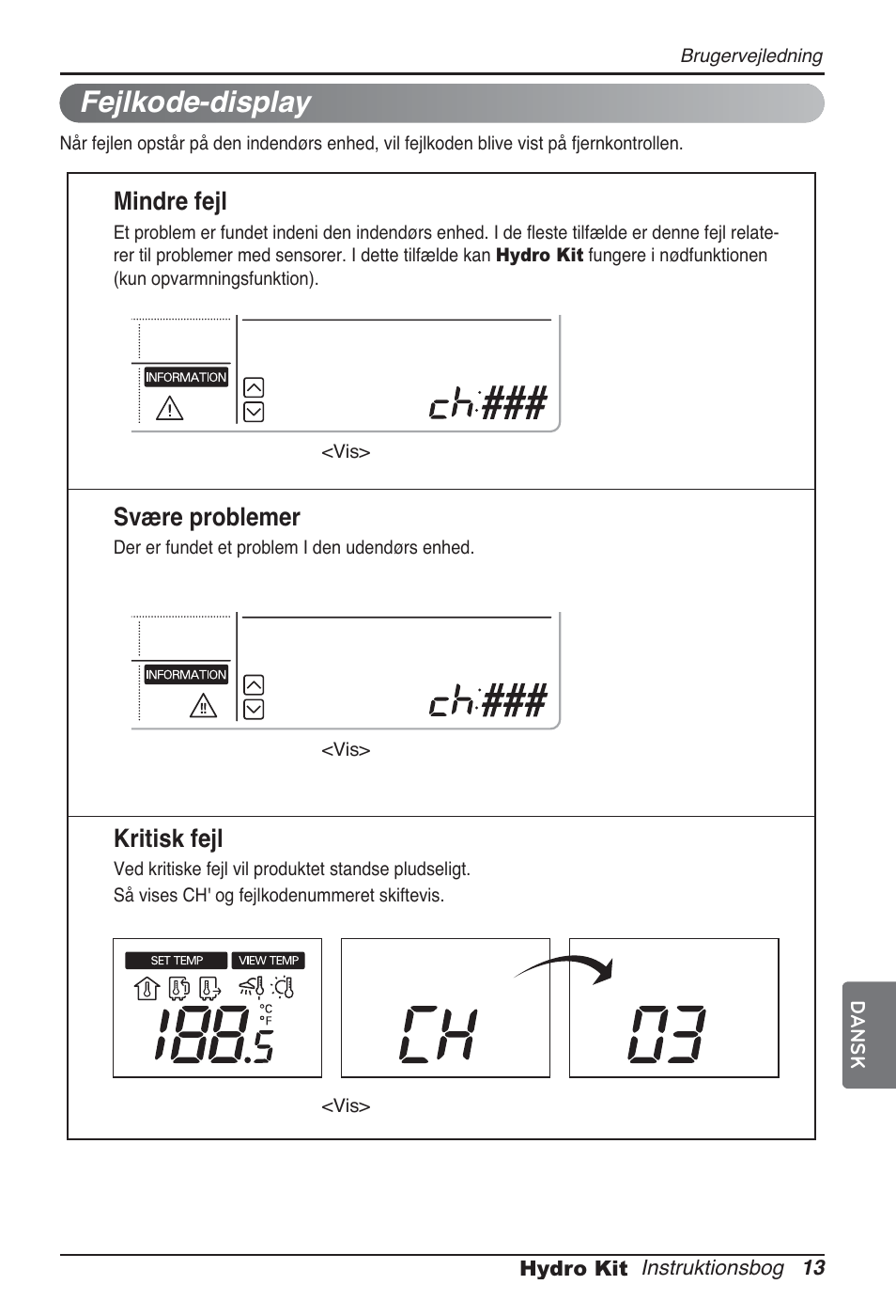 Fejlkode-display, Mindre fejl, Svære problemer | Kritisk fejl | LG ARNH08GK3A2 User Manual | Page 481 / 495