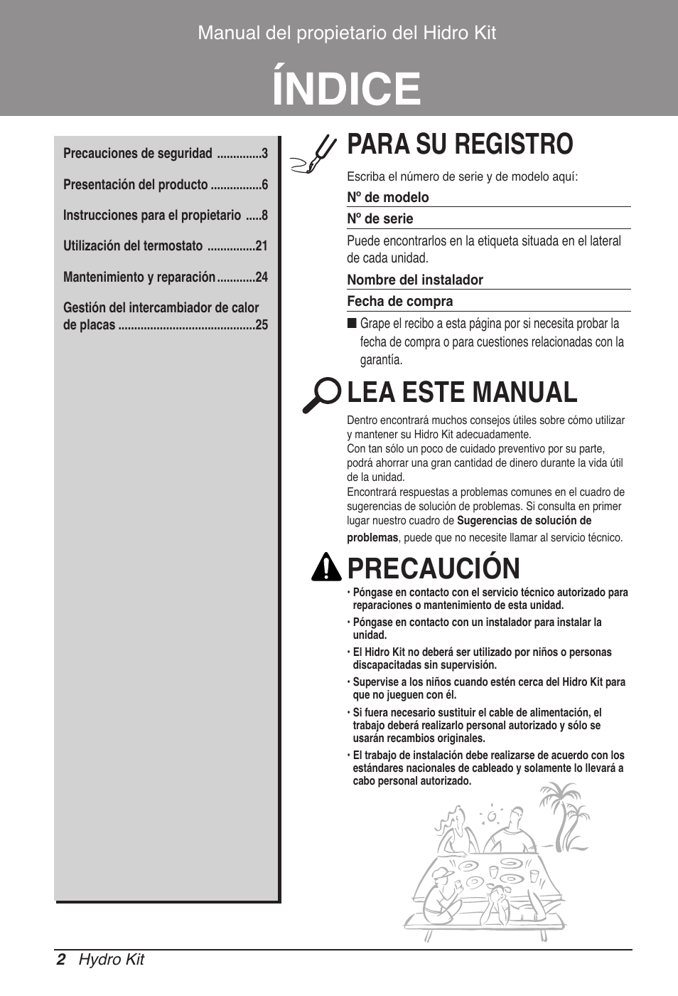 Índice, Para su registro, Lea este manual | Precaución, Manual del propietario del hidro kit | LG ARNH08GK3A2 User Manual | Page 54 / 495