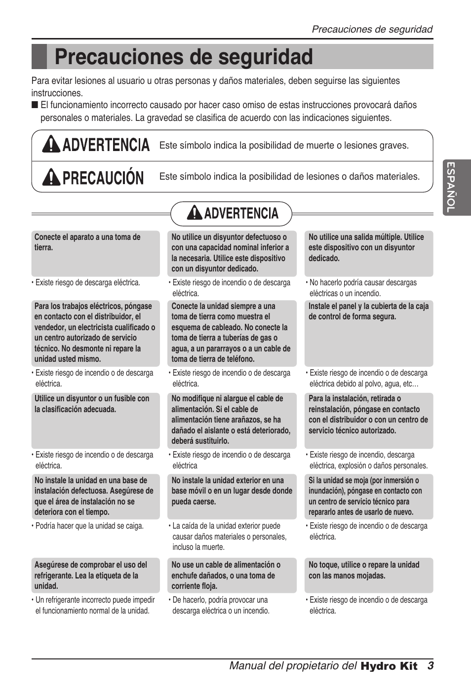 Precauciones de seguridad, Manual del propietario del 3 hydro kit, Español | LG ARNH08GK3A2 User Manual | Page 55 / 495