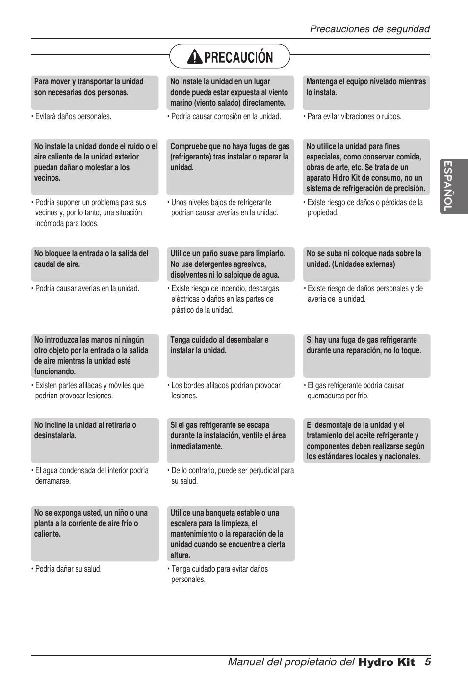 Manual del propietario del 5 hydro kit, Español | LG ARNH08GK3A2 User Manual | Page 57 / 495