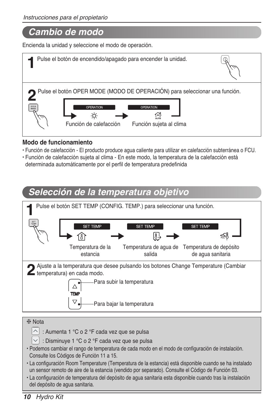 Selección de la temperatura objetivo, Cambio de modo | LG ARNH08GK3A2 User Manual | Page 62 / 495