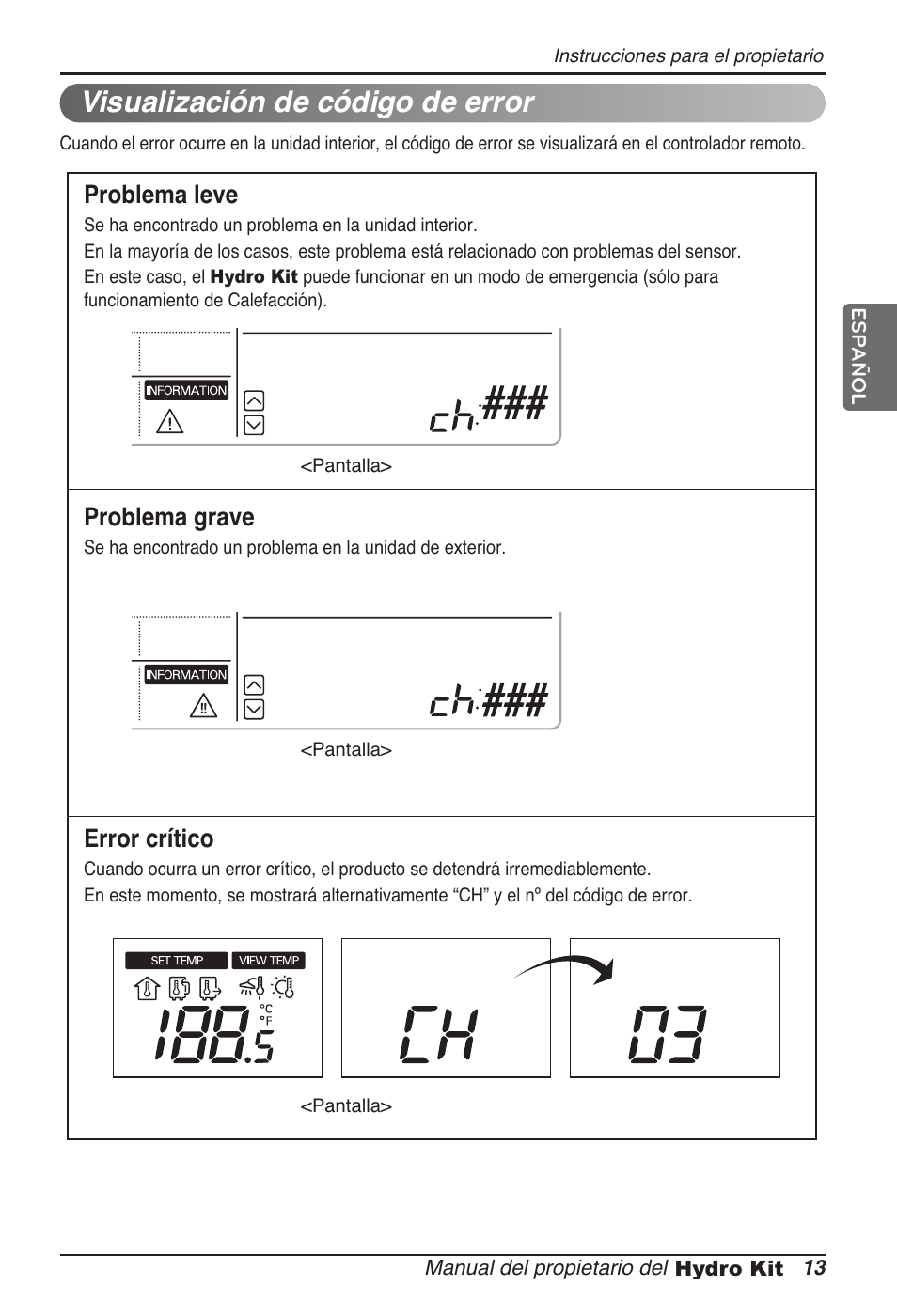Visualización de código de error, Problema leve, Problema grave | Error crítico | LG ARNH08GK3A2 User Manual | Page 65 / 495